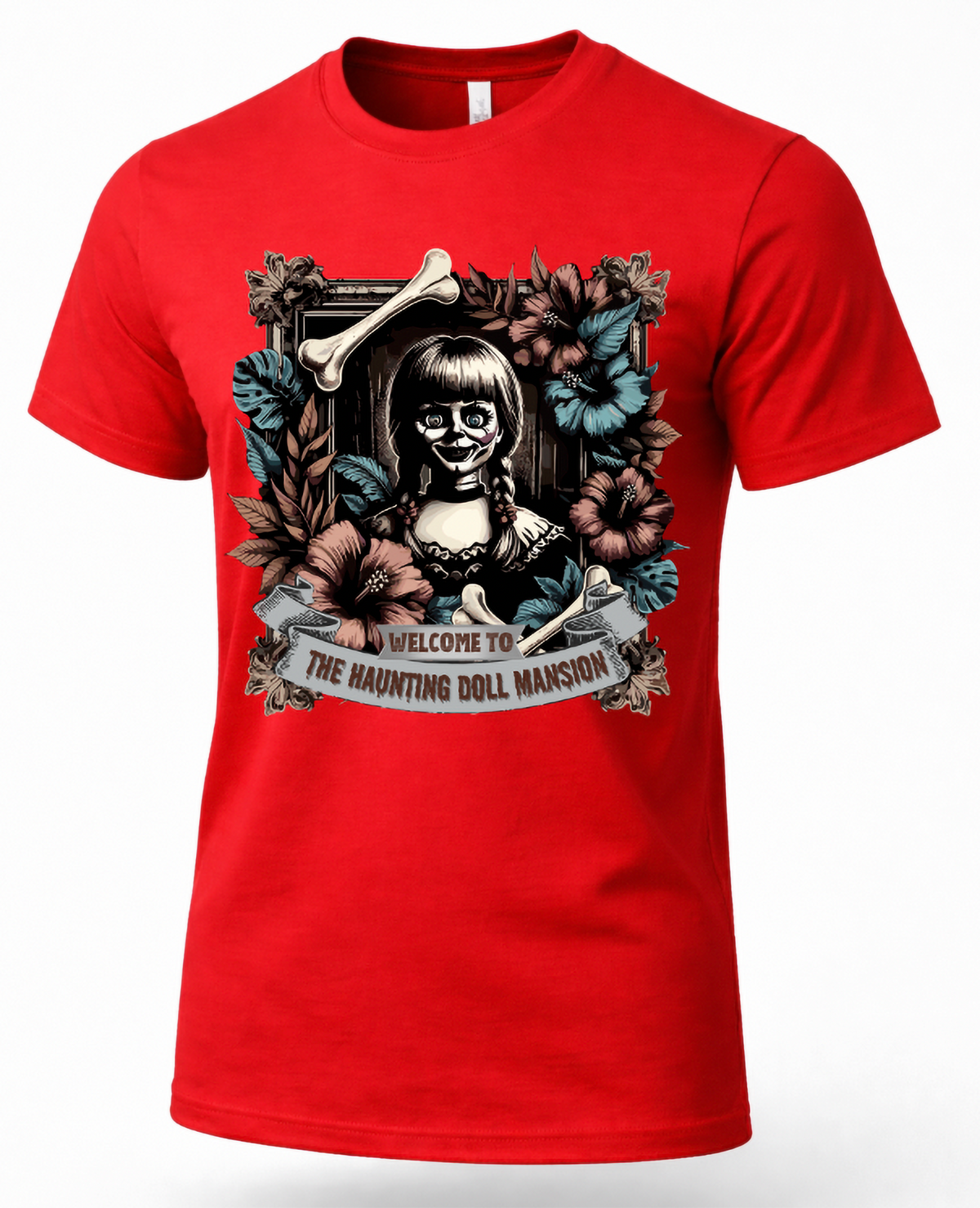 Red creepy doll Halloween shirt featuring haunted doll, dark flowers, bones and gothic design