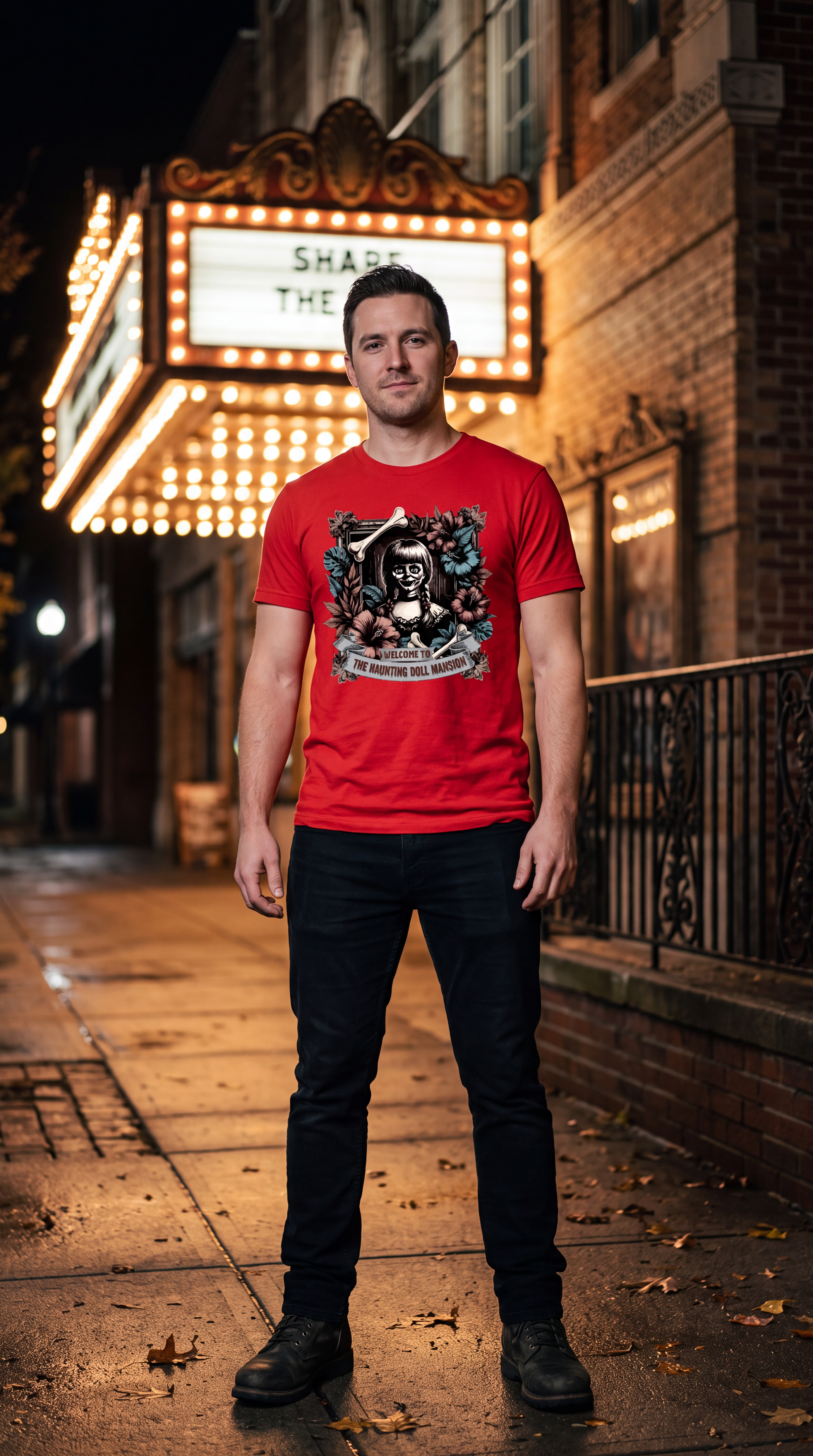 Male model wearing red creepy doll Halloween graphic T-shirt with haunted mansion artwork