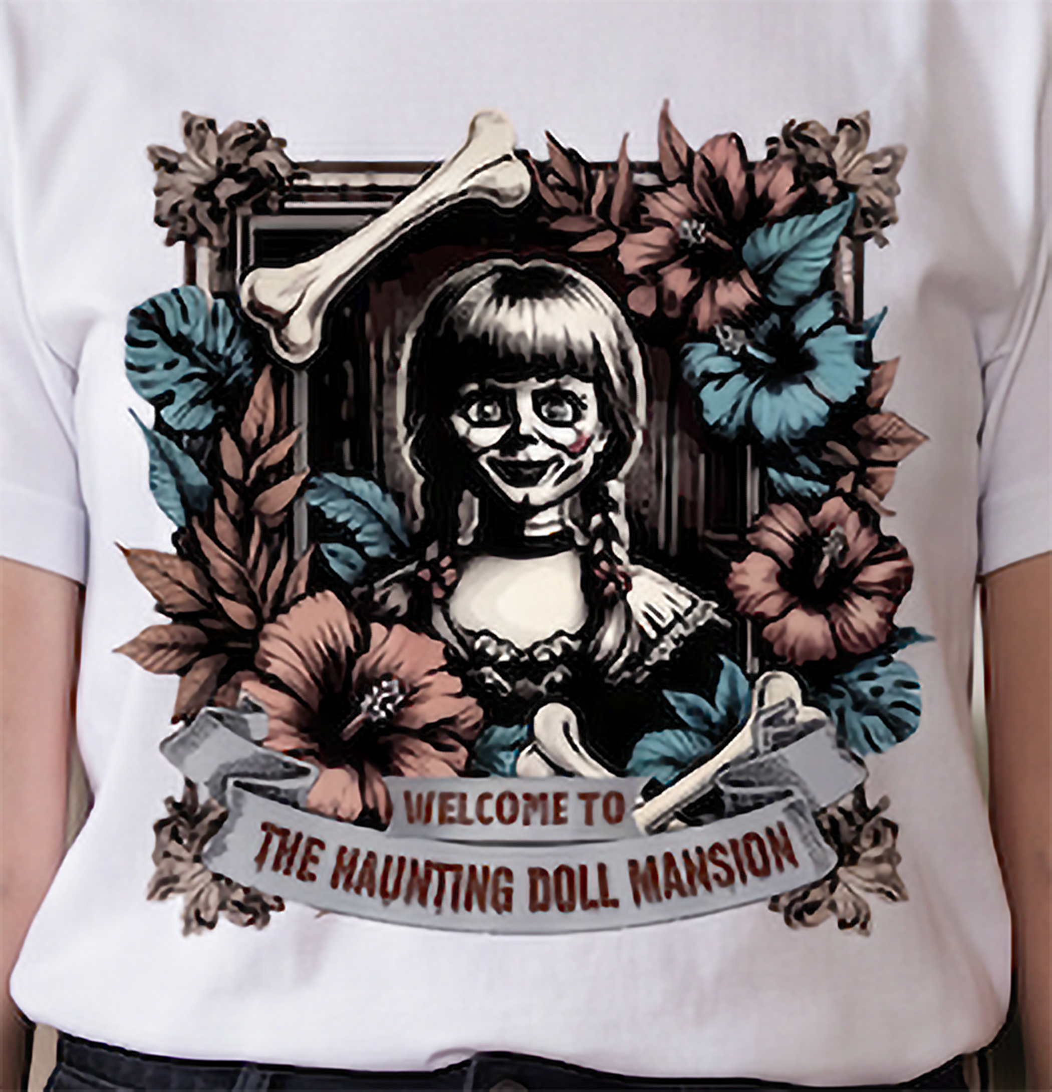 Close-up of creepy haunted doll Halloween graphic with gothic flowers, bones and mansion design
