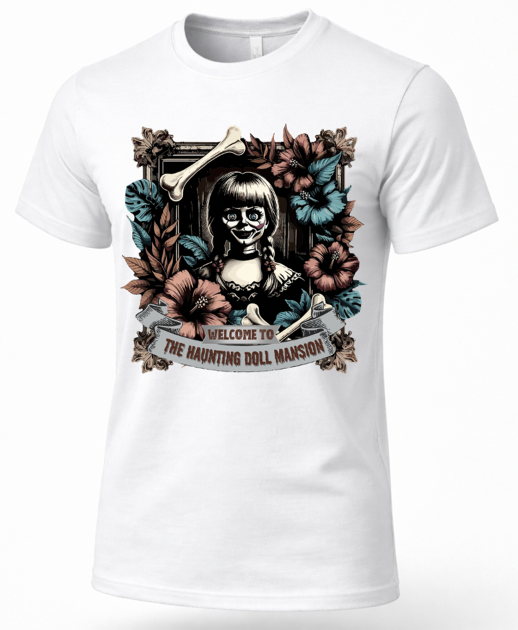 White creepy doll Halloween graphic T-shirt featuring haunted doll, flowers, bones and mansion artwork