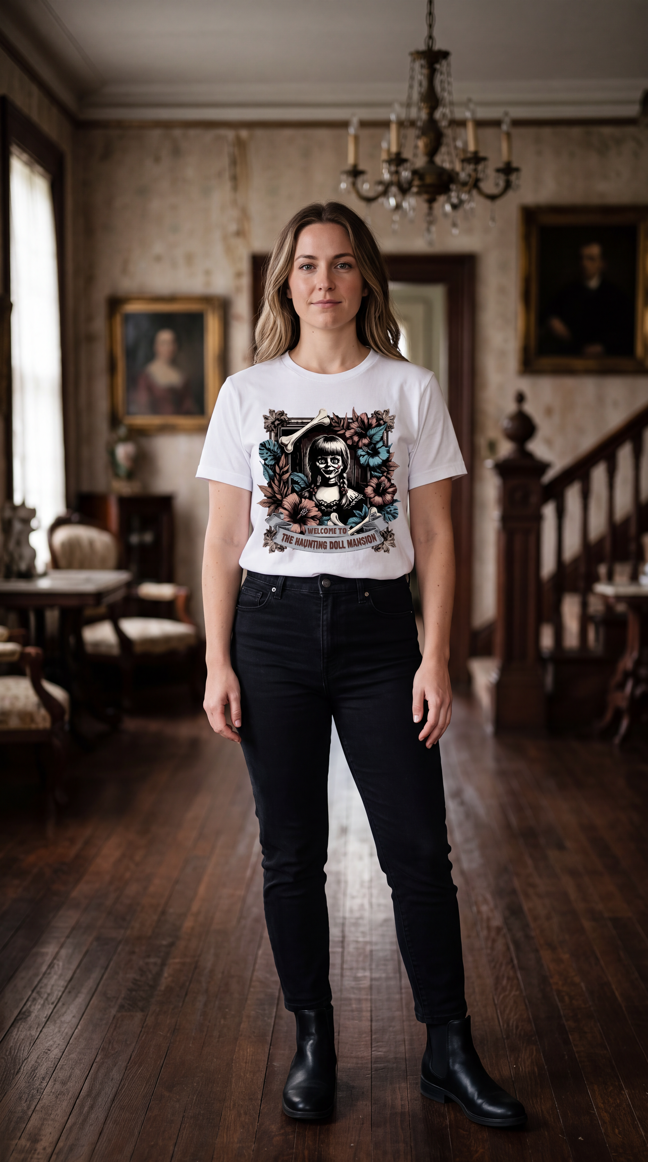 Female model wearing white creepy doll Halloween graphic shirt with haunted mansion floral design