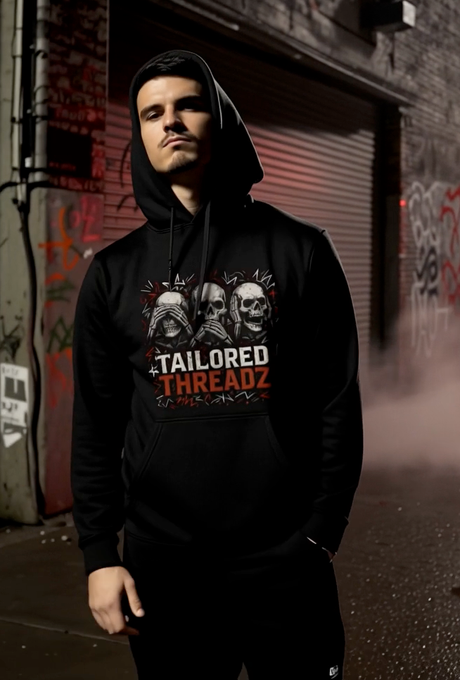 Man wearing black streetwear hoodie with skull graphic in urban alley at night