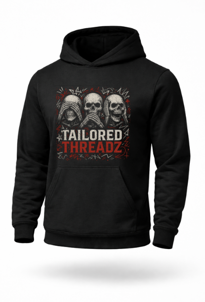 hear see speak no evil skull graphic hoodie by Tailored Threadz