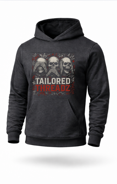 hear see speak no evil skull graphic hoodie by Tailored Threadz
