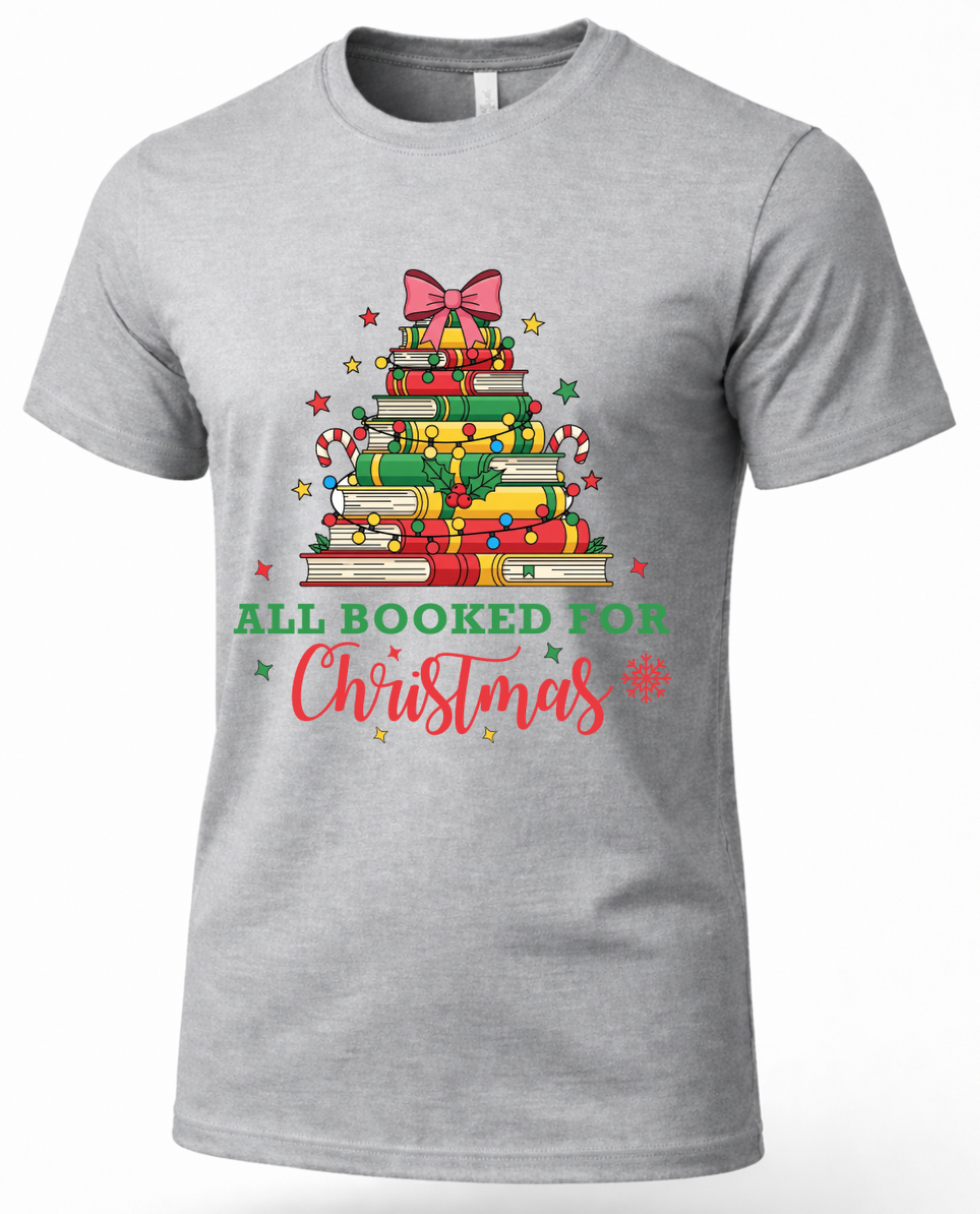 Heather gray All Booked for Christmas graphic tee featuring colorful stacked books decorated for the holidays.