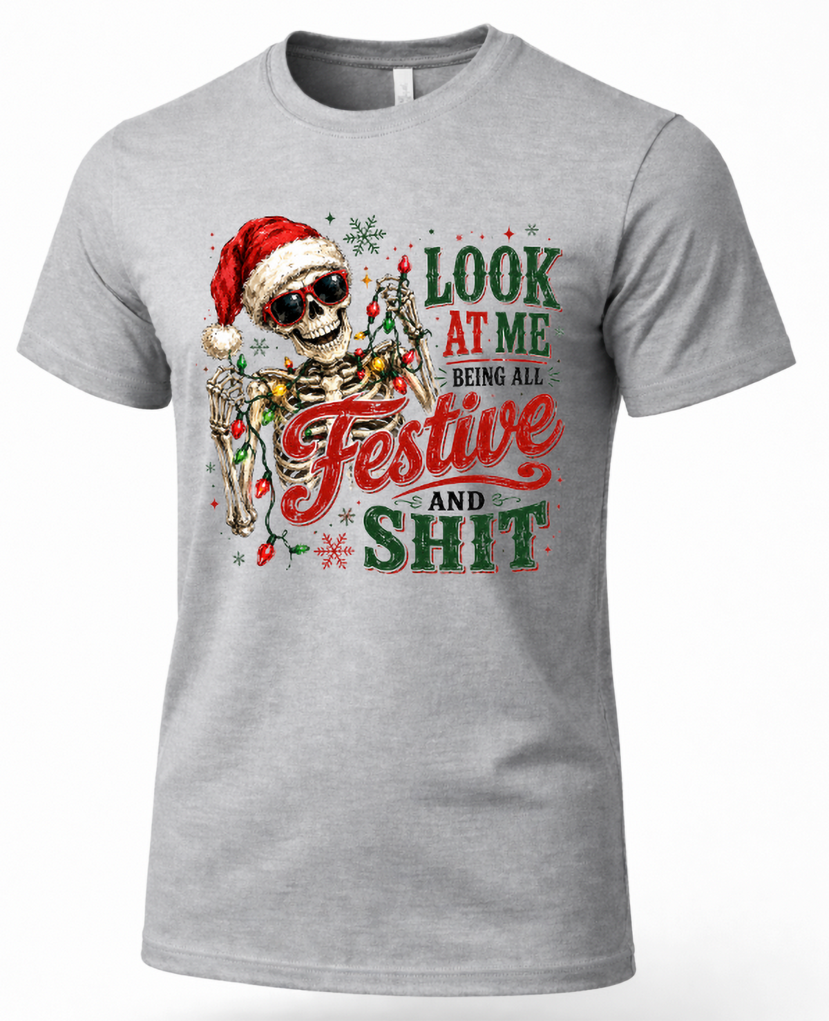 Heather gray product: Heather gray funny Christmas shirt with Look at Me Being All Festive and Shit skeleton graphic.