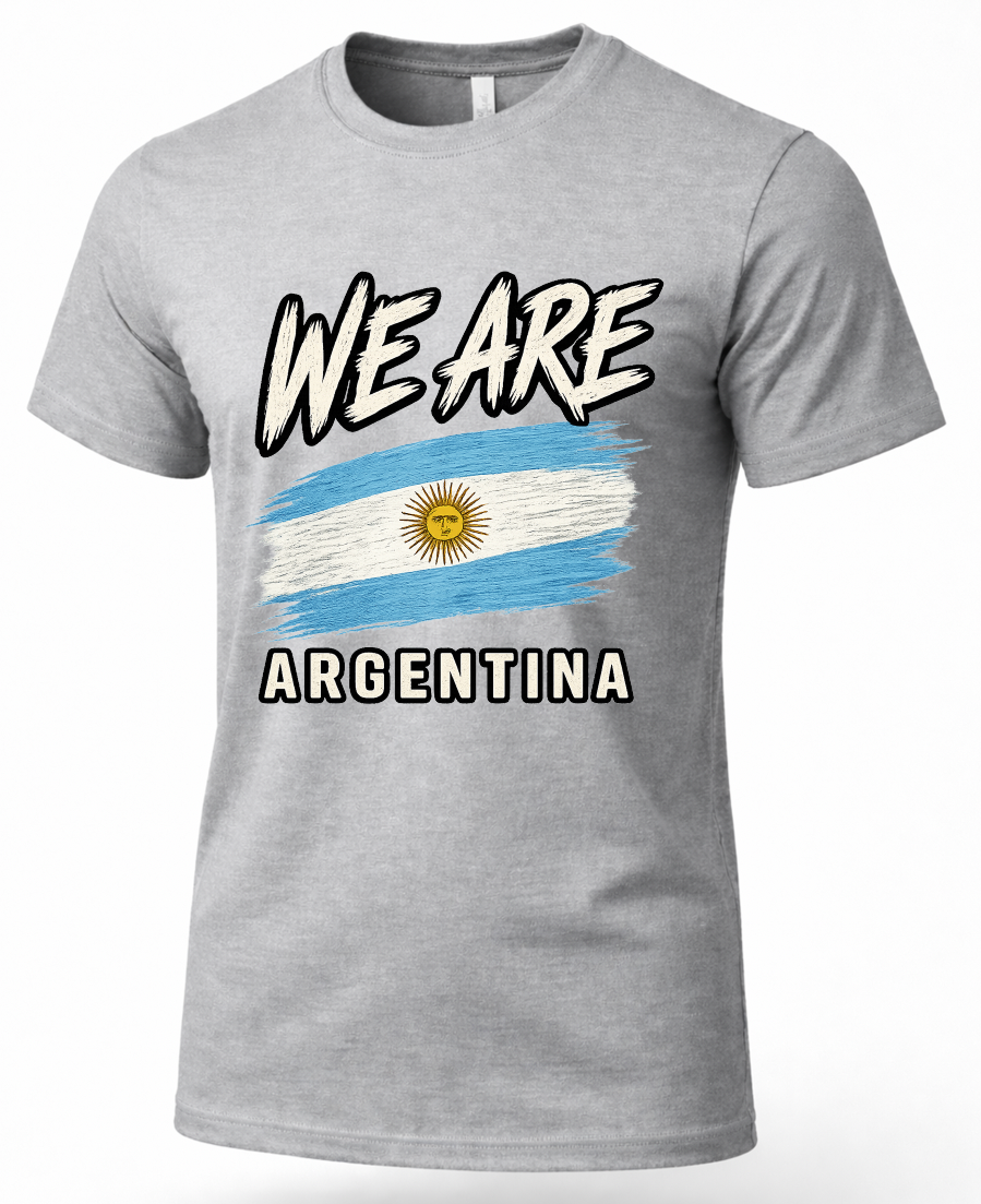 A heather gray short-sleeve crewneck t-shirt featuring a graphic print of the Argentine flag and the text 'WE ARE ARGENTINA' in a stylized font.