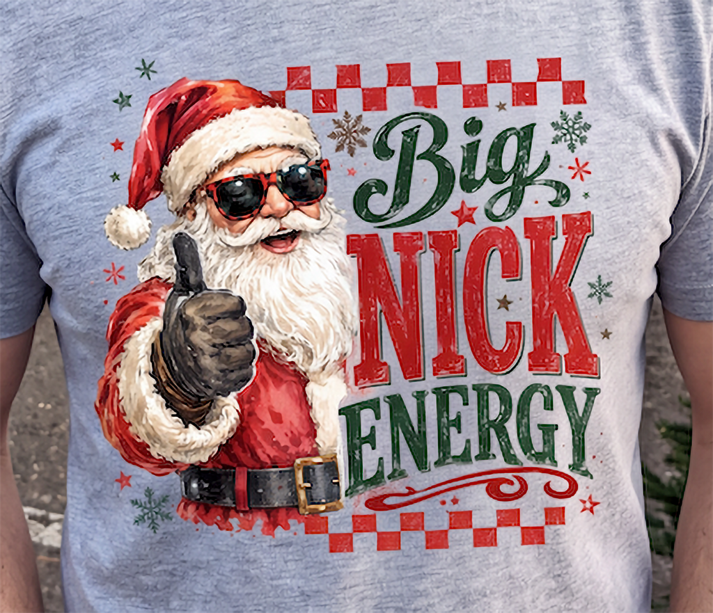 Close-up of Big Nick Energy funny Santa graphic on heather gray shirt