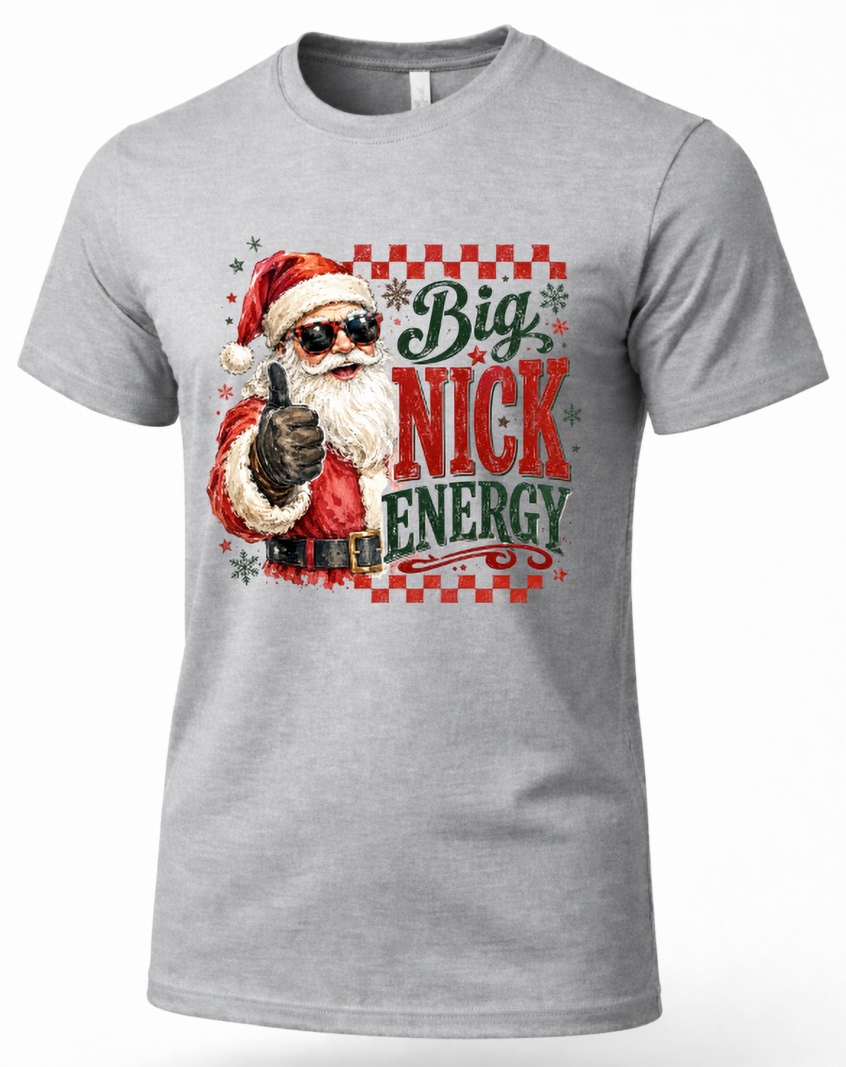 Heather gray Big Nick Energy Christmas graphic tee with Santa design