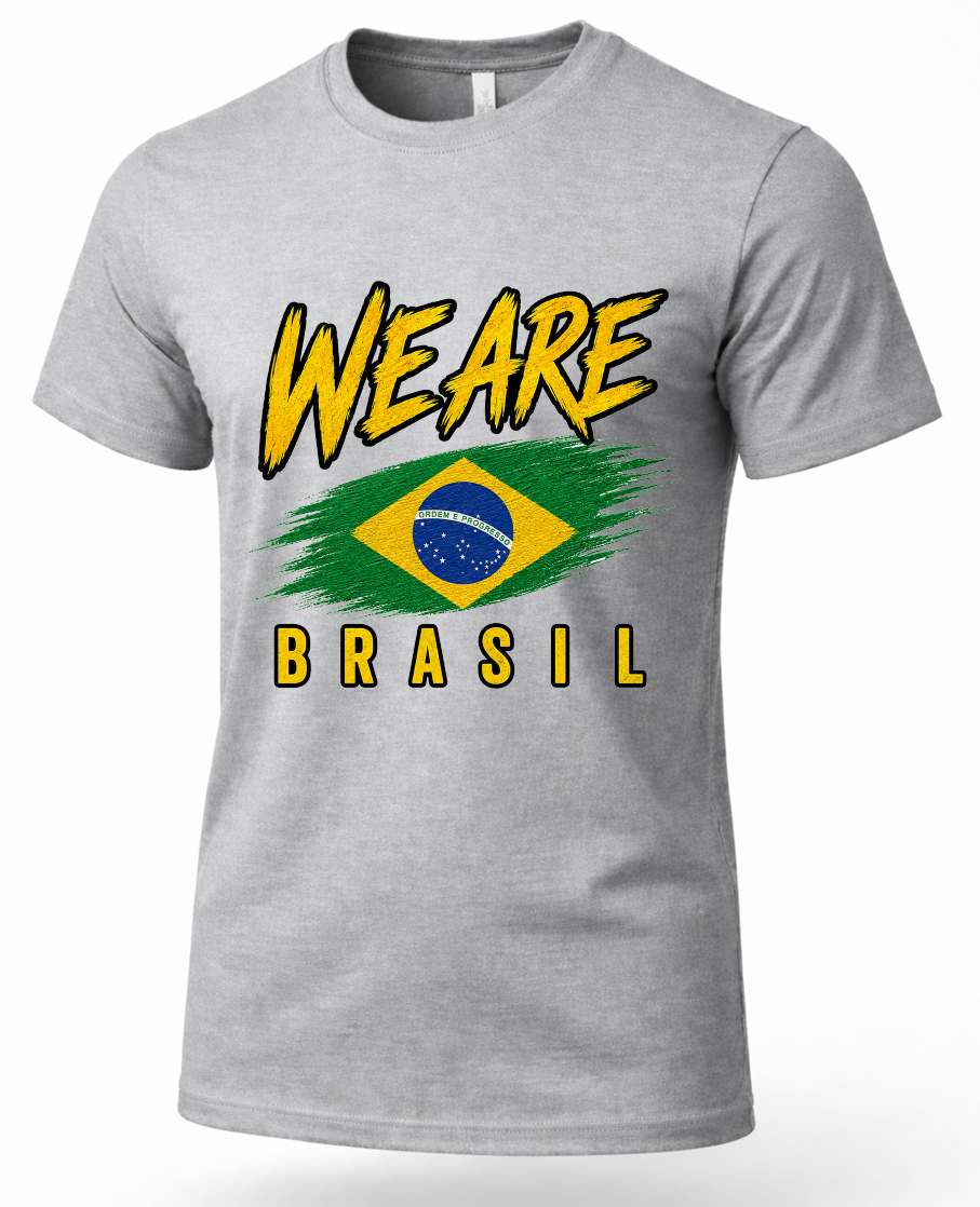 A heather gray short-sleeve crewneck t-shirt featuring a graphic print on the front with the text 'WE ARE BRASIL' in yellow and a stylized Brazilian flag design in green, yellow, and blue.