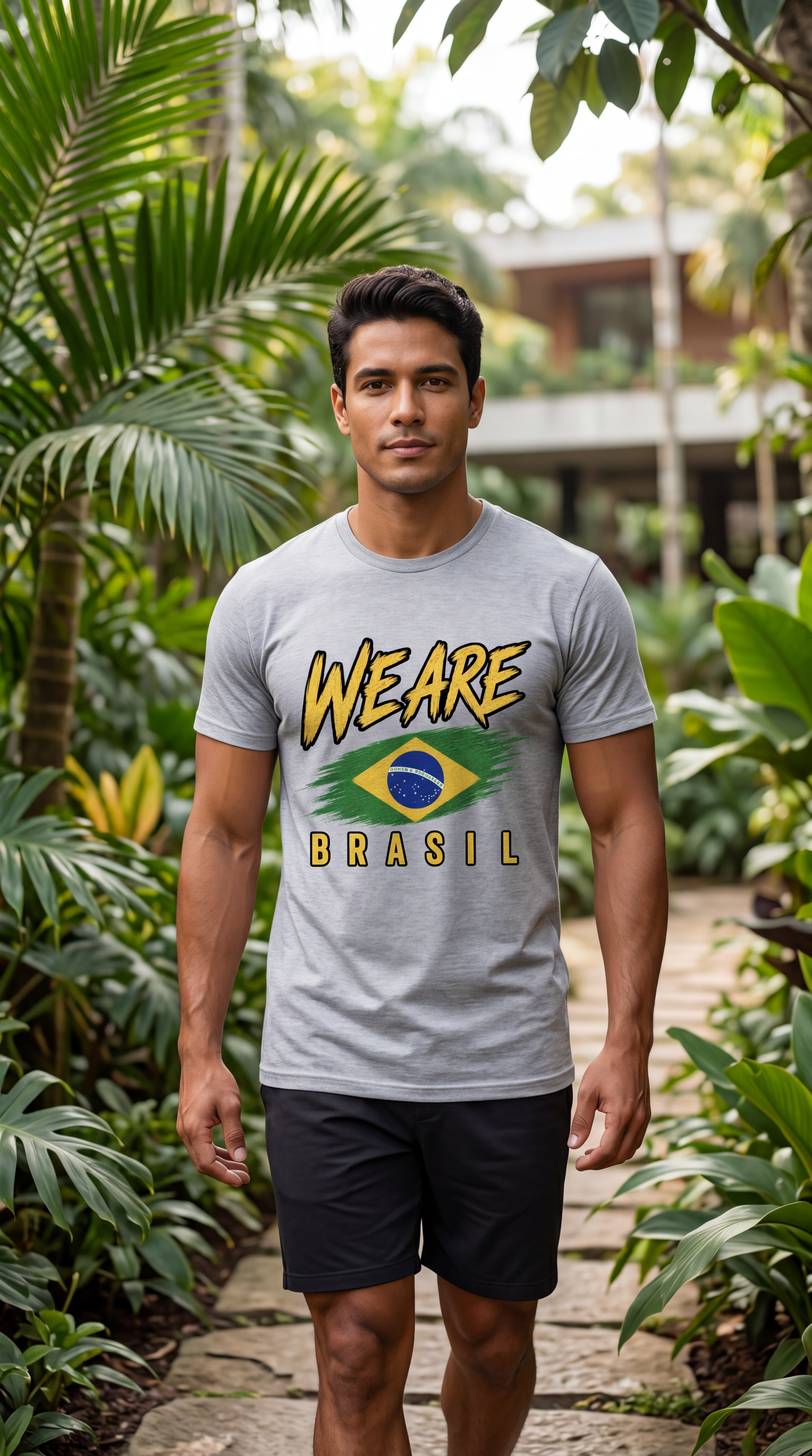 A man standing on a stone path surrounded by lush tropical greenery, wearing a light gray t-shirt with a 'WE ARE BRASIL' graphic featuring a Brazilian flag design, and black shorts.