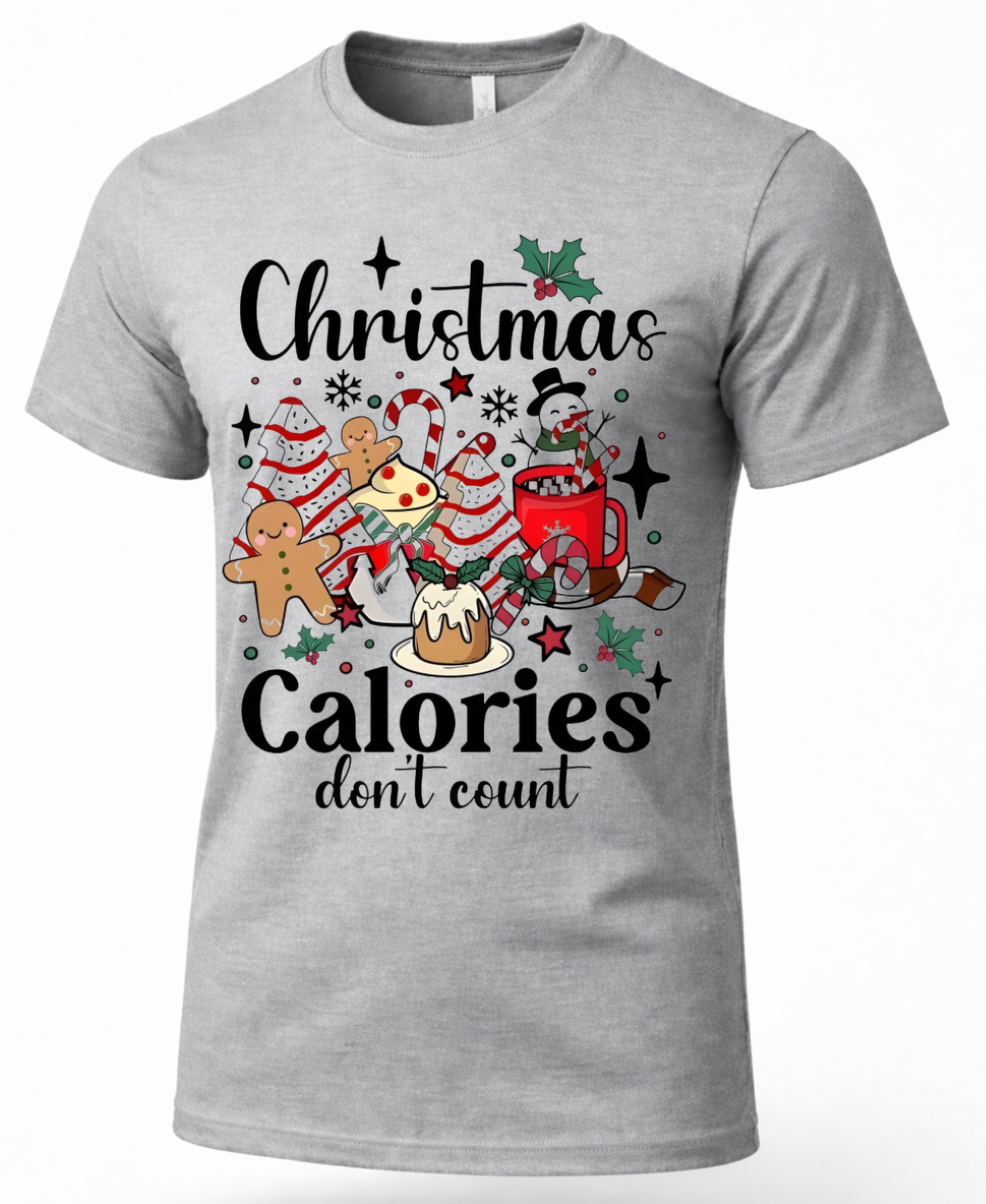 Heather gray Christmas Calories Don’t Count shirt featuring gingerbread, cocoa, candy canes and Christmas sweets.