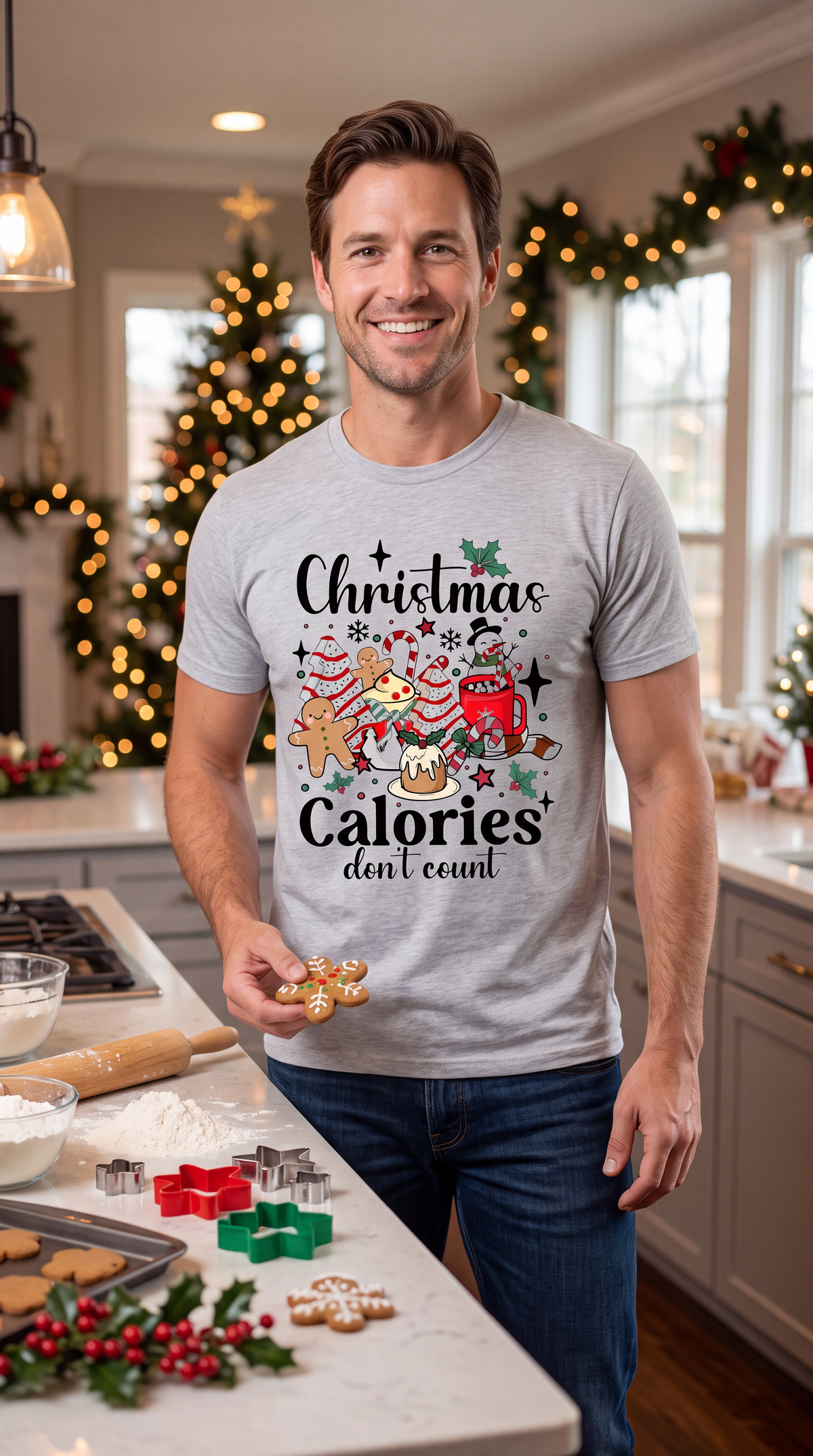 Man wearing heather gray Christmas Calories Don’t Count graphic tee with festive holiday treats