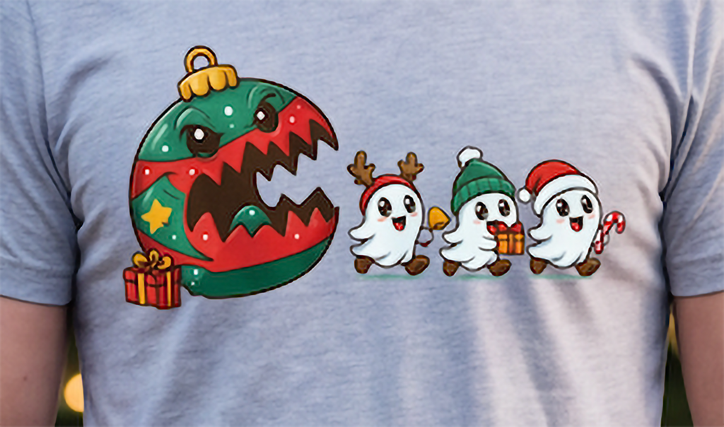 Close-up of heather gray Christmas ghost shirt featuring cute holiday ghosts and giant ornament artwork.
