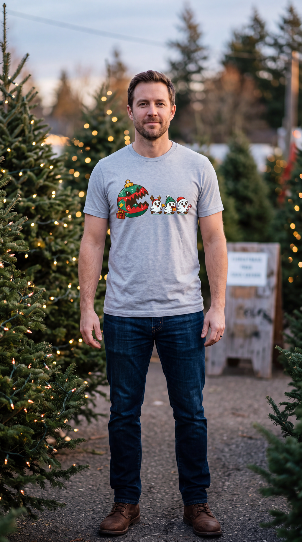 Man wearing heather gray cute Christmas ghost shirt with festive ghost and Christmas ornament graphic.