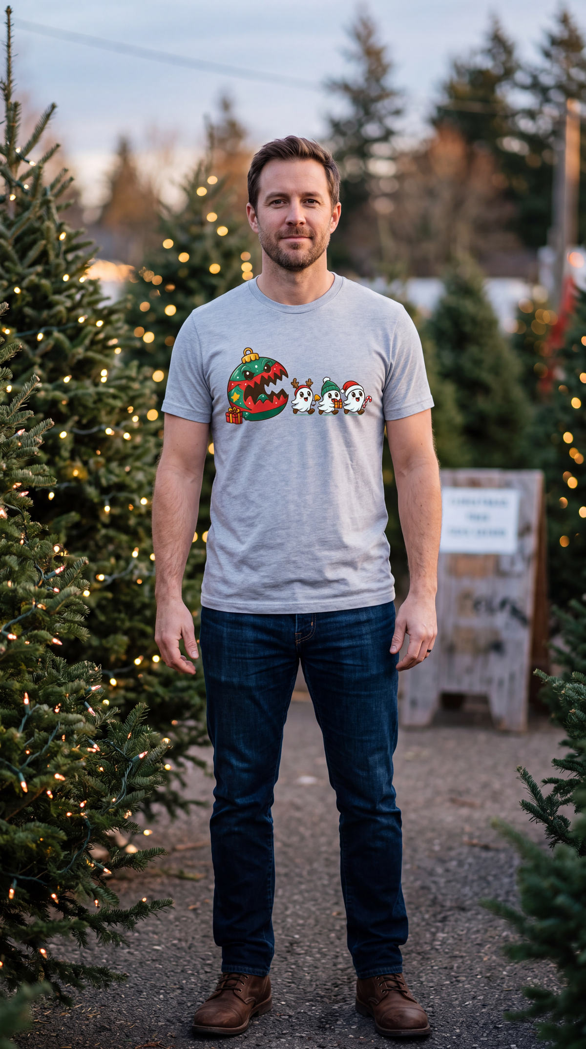 Man wearing heather gray cute Christmas ghost shirt with festive ghost and Christmas ornament graphic.