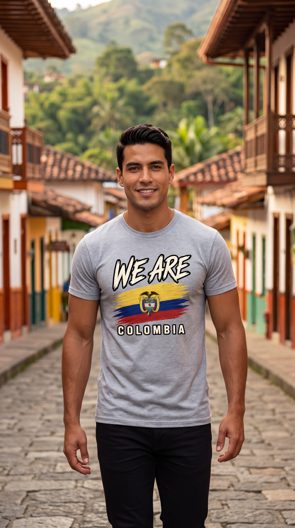 A man standing on a cobblestone street wearing a light gray t-shirt with a graphic that reads 'WE ARE COLOMBIA' and features the Colombian flag colors, with a blurred background of colonial-style buildings and green hills.