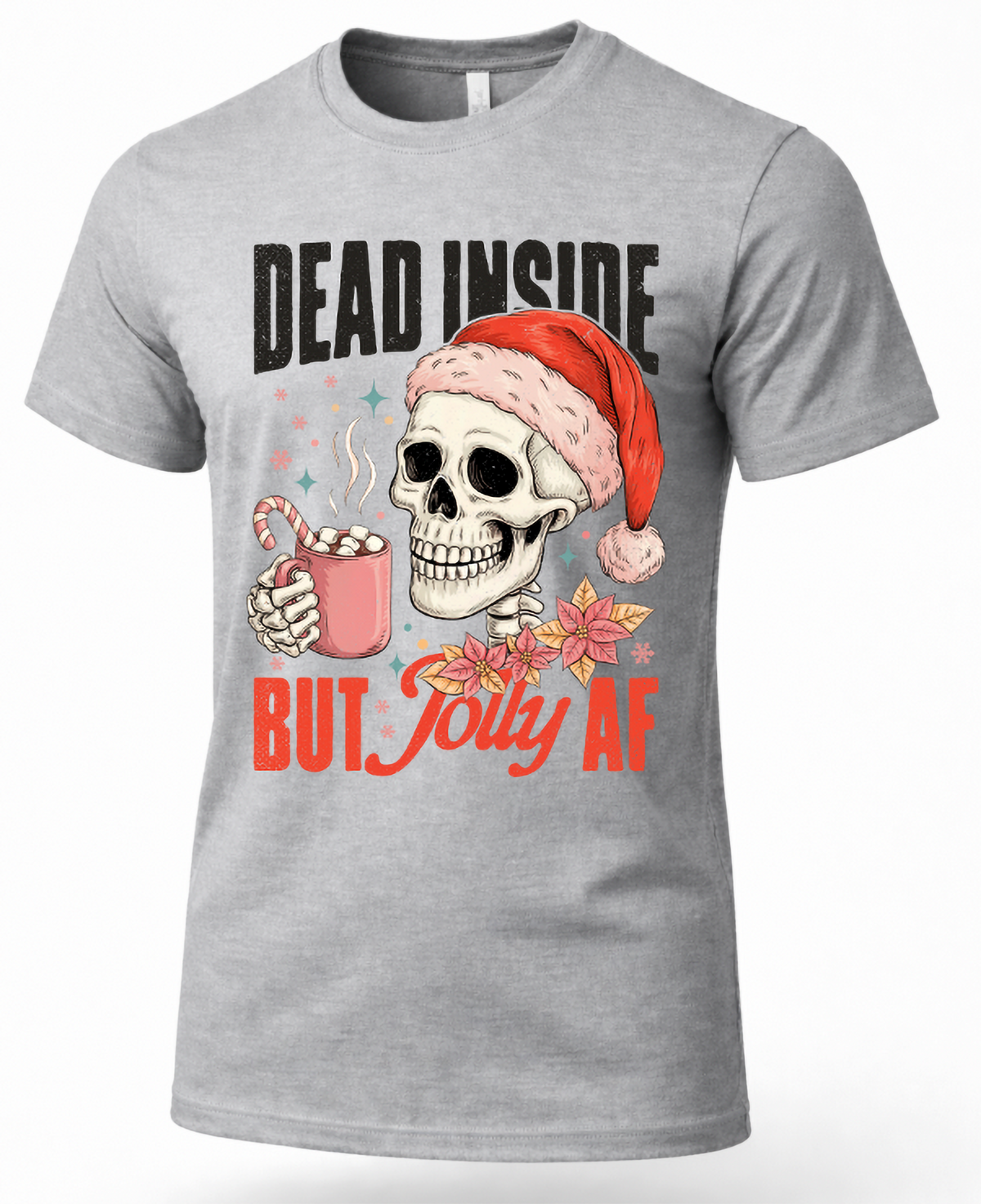 Heather gray Dead Inside But Jolly AF Christmas shirt with skeleton Santa holiday graphic.