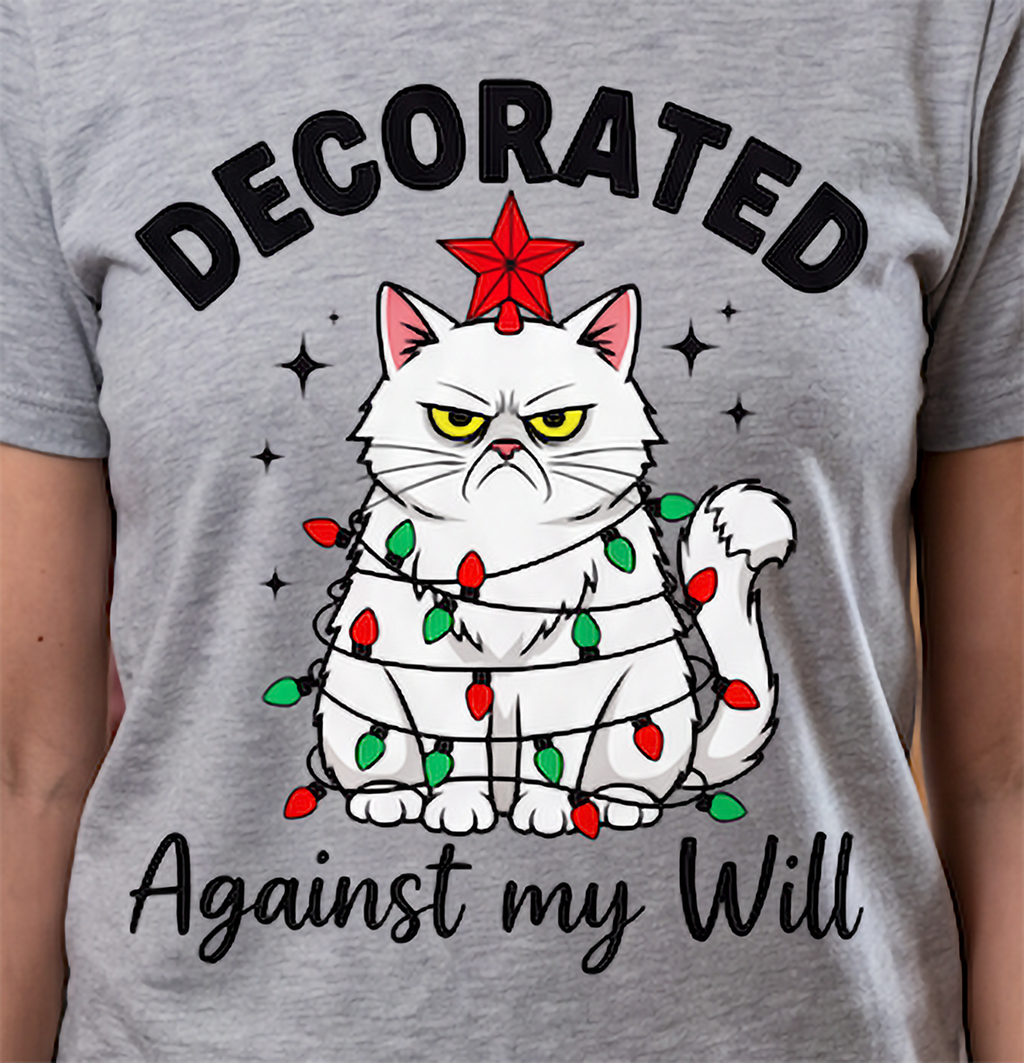 Close-up of Decorated Against My Will cat Christmas graphic with grumpy cat, holiday lights and tree topper.