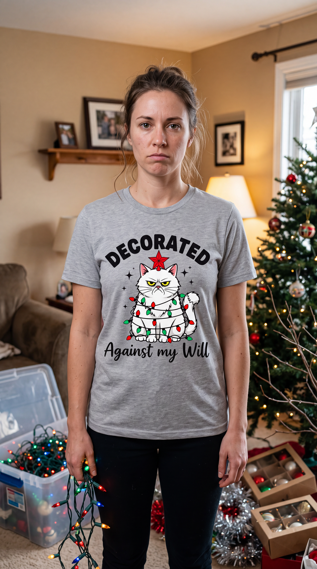 Woman wearing heather gray Decorated Against My Will cat Christmas shirt with grumpy cat holiday graphic.