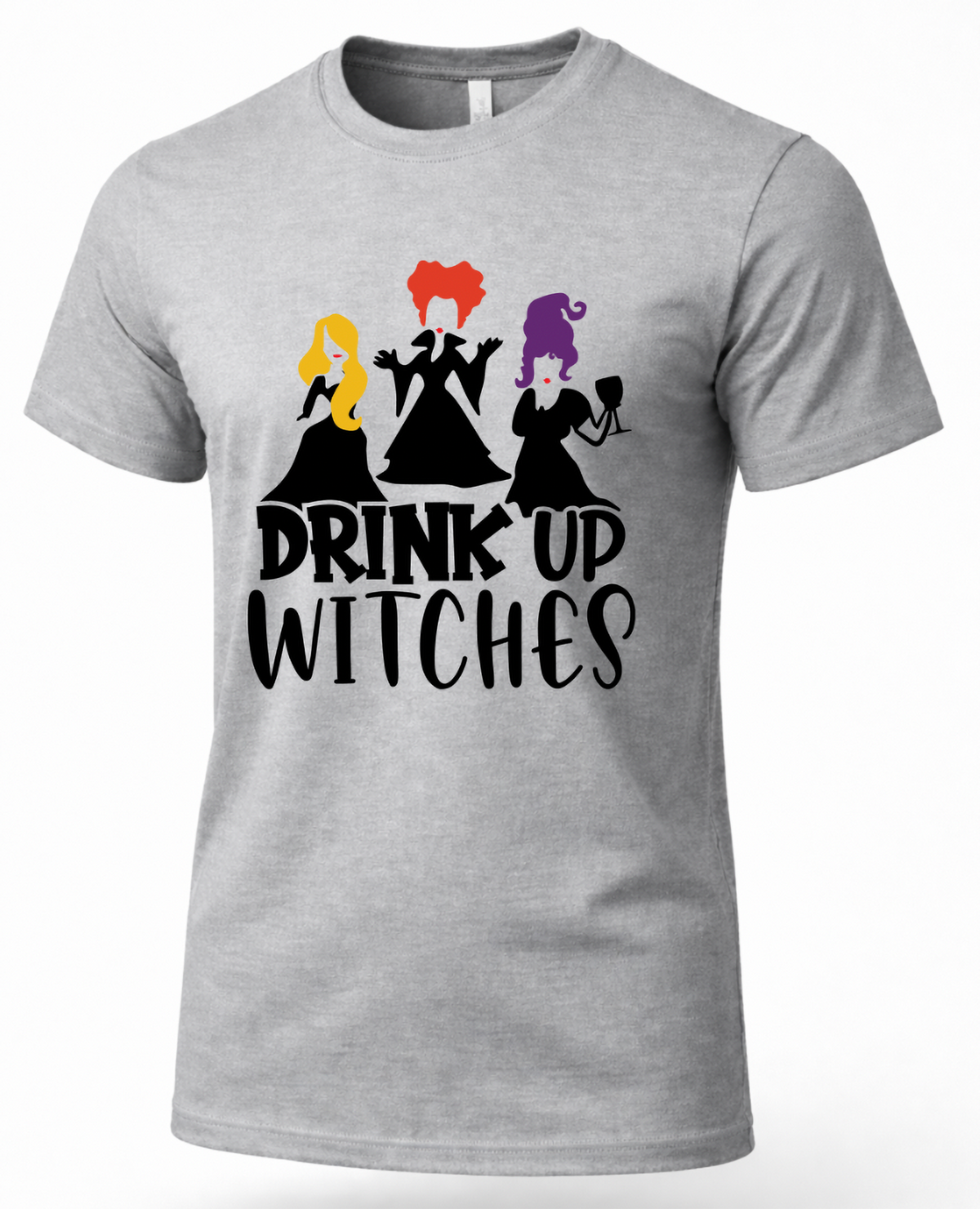 Heather gray Drink Up Witches Hocus Pocus shirt with Sanderson Sisters-inspired graphic