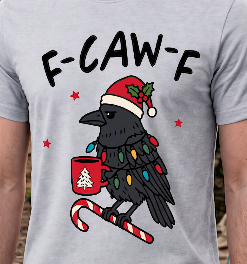 Close-up of F-Caw-F festive crow Christmas design on heather gray shirt