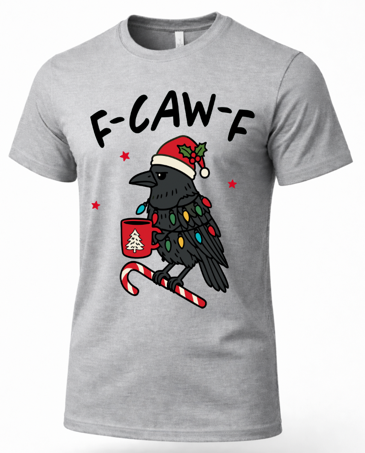 Heather gray F-Caw-F Christmas shirt with crow and holiday lights graphic