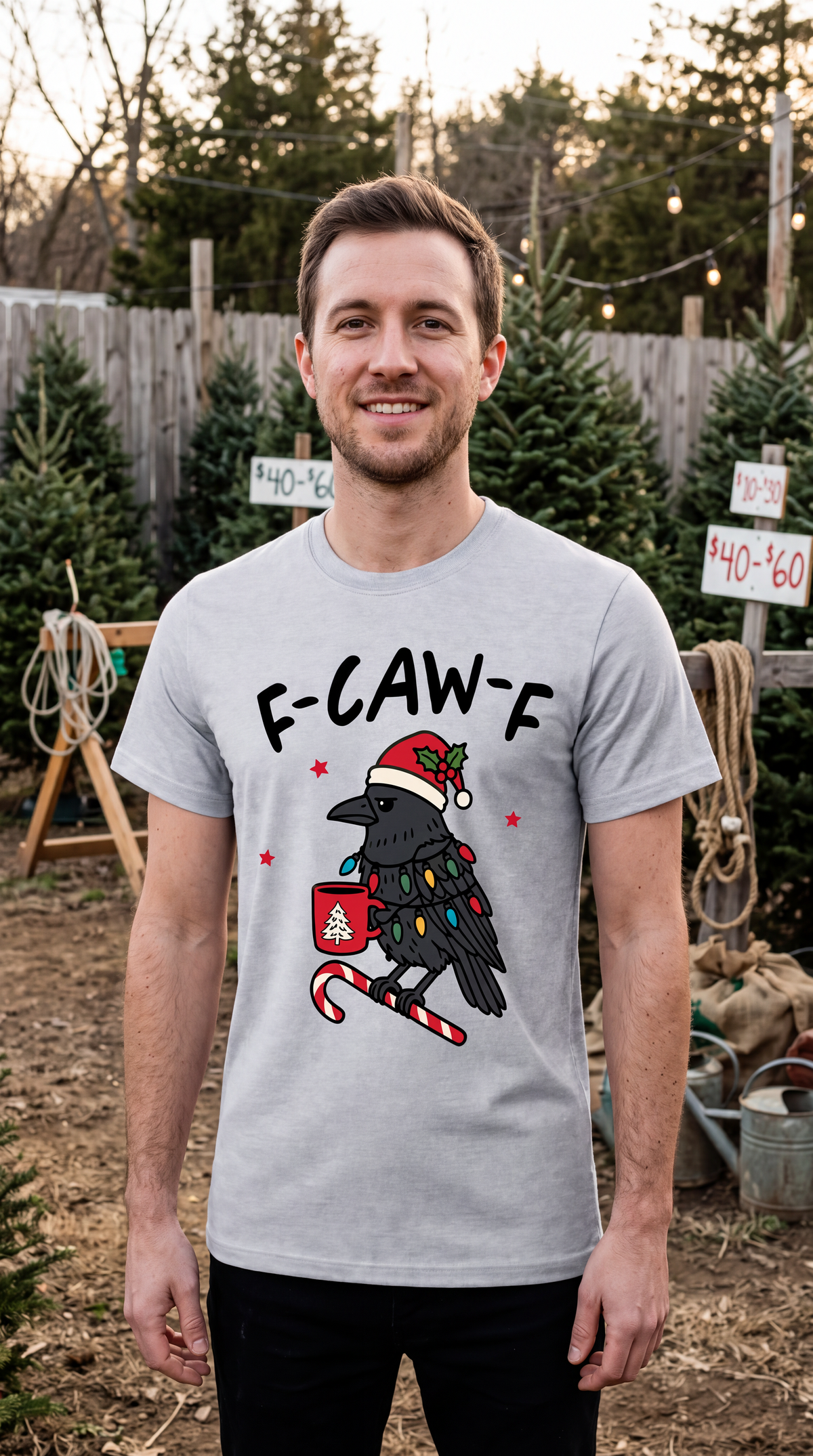 Model wearing heather gray F-Caw-F Christmas shirt with festive crow design