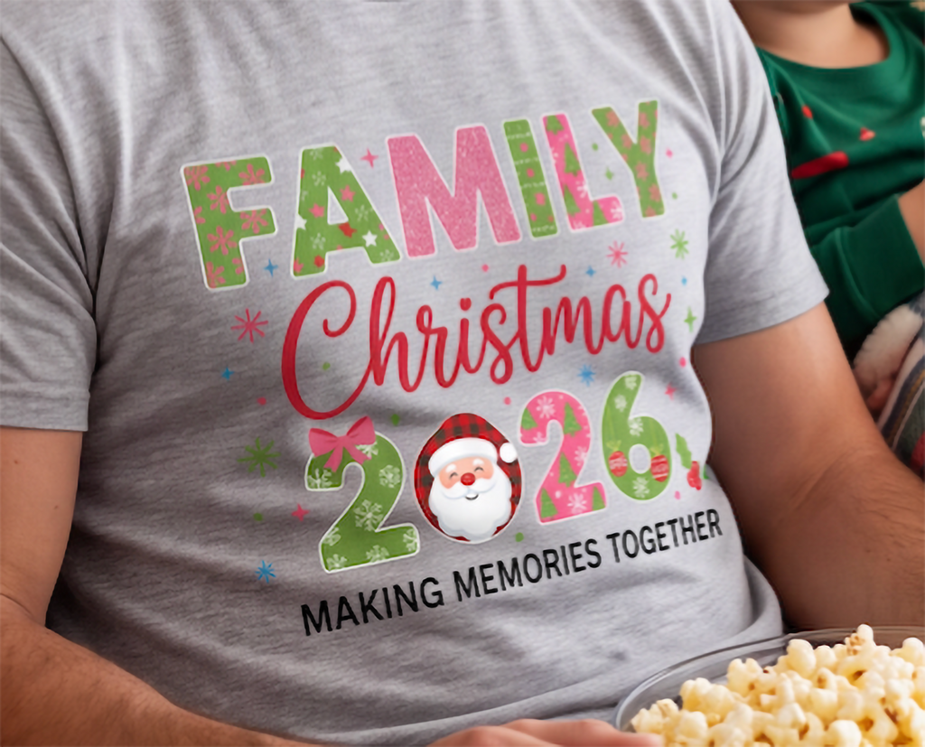 Close-up of heather gray Family Christmas 2026 shirt featuring making memories together design.