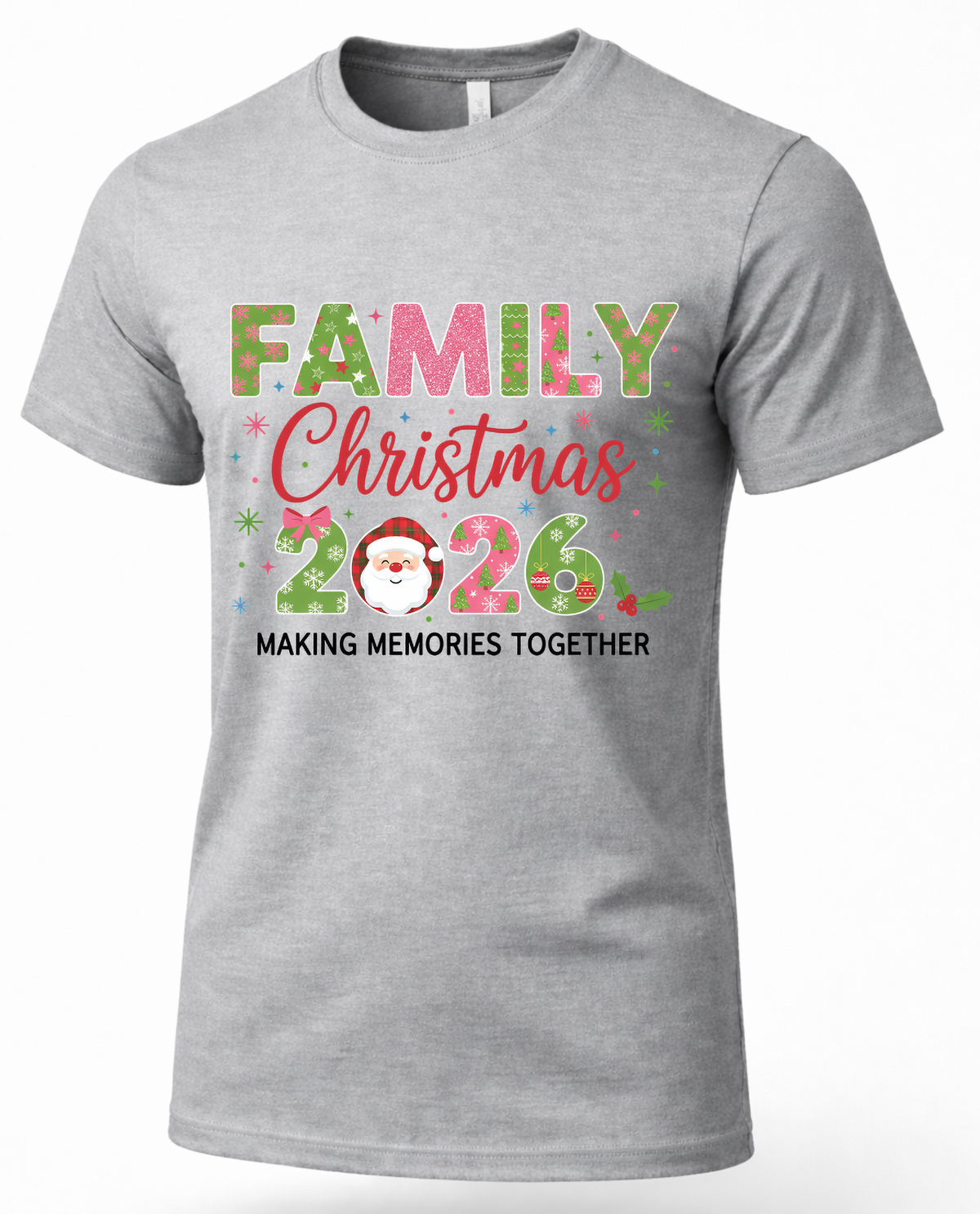 Heather gray Family Christmas 2026 graphic T-shirt with colorful holiday lettering and Santa.