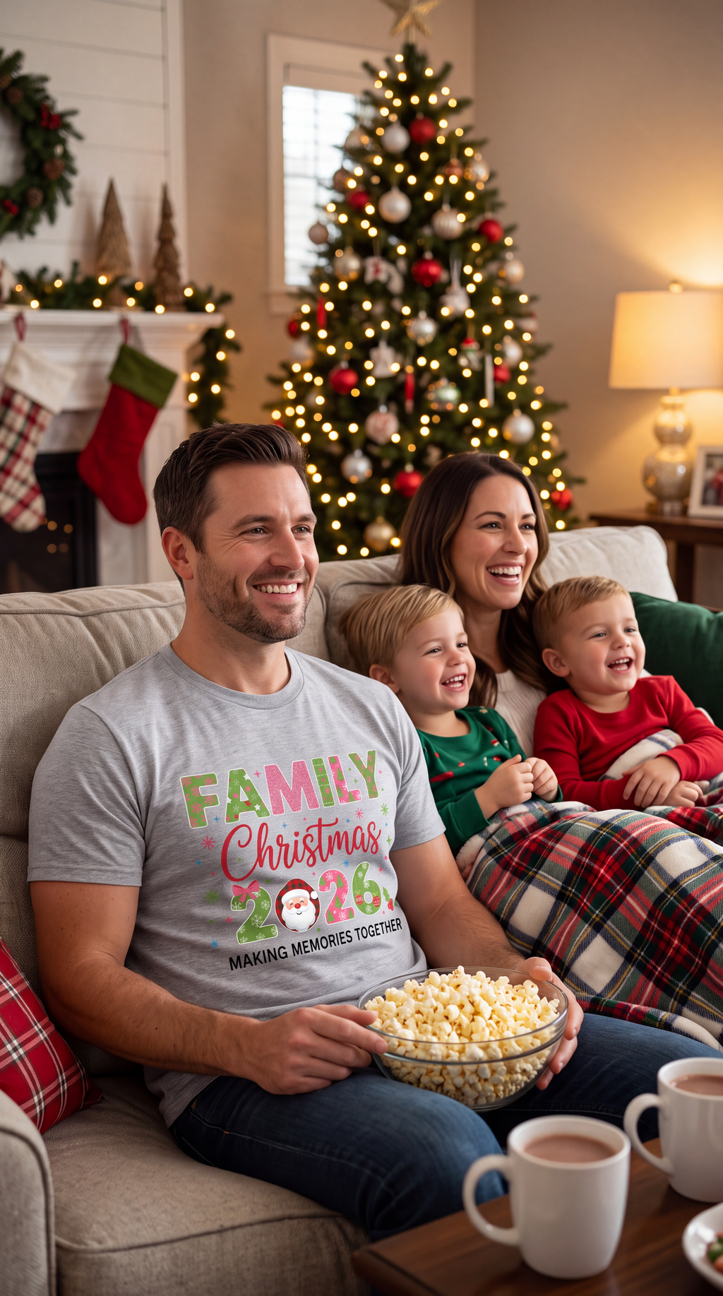 Man wearing heather gray Family Christmas 2026 shirt while celebrating Christmas with family.