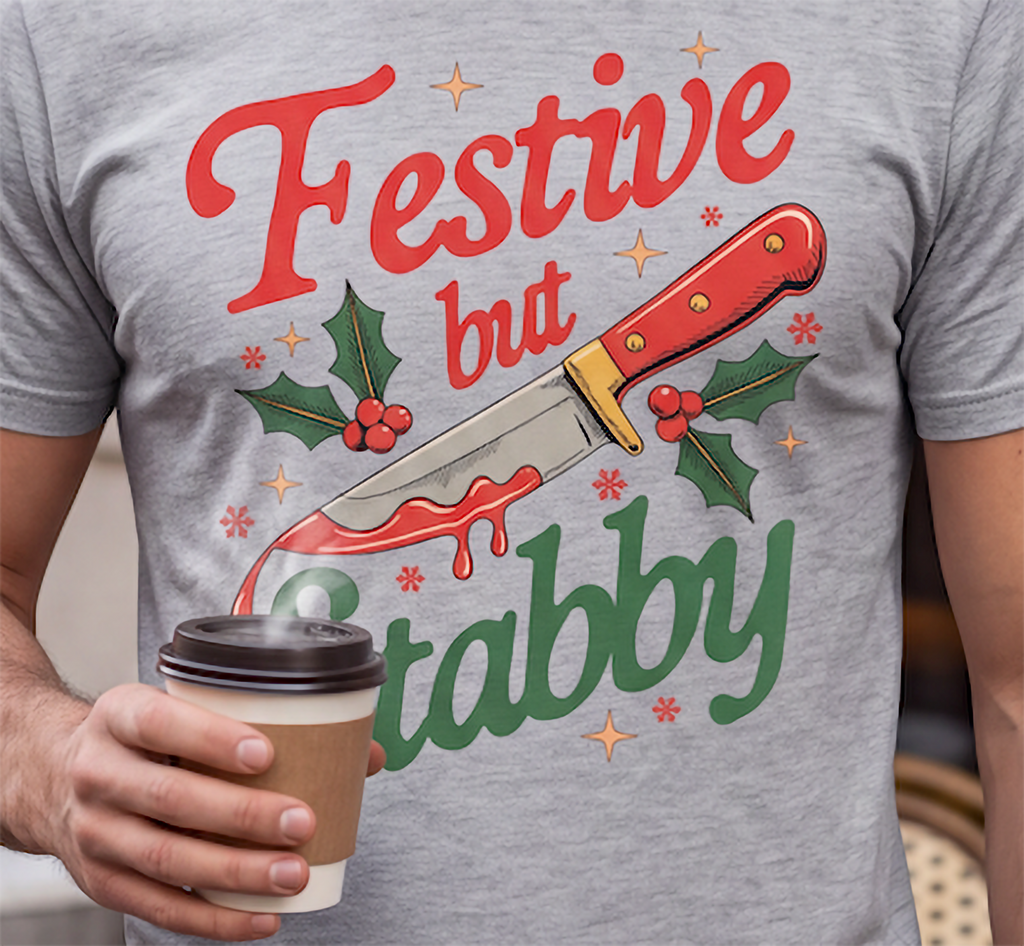 Close-up of Festive But Stabby Christmas design on heather gray shirt