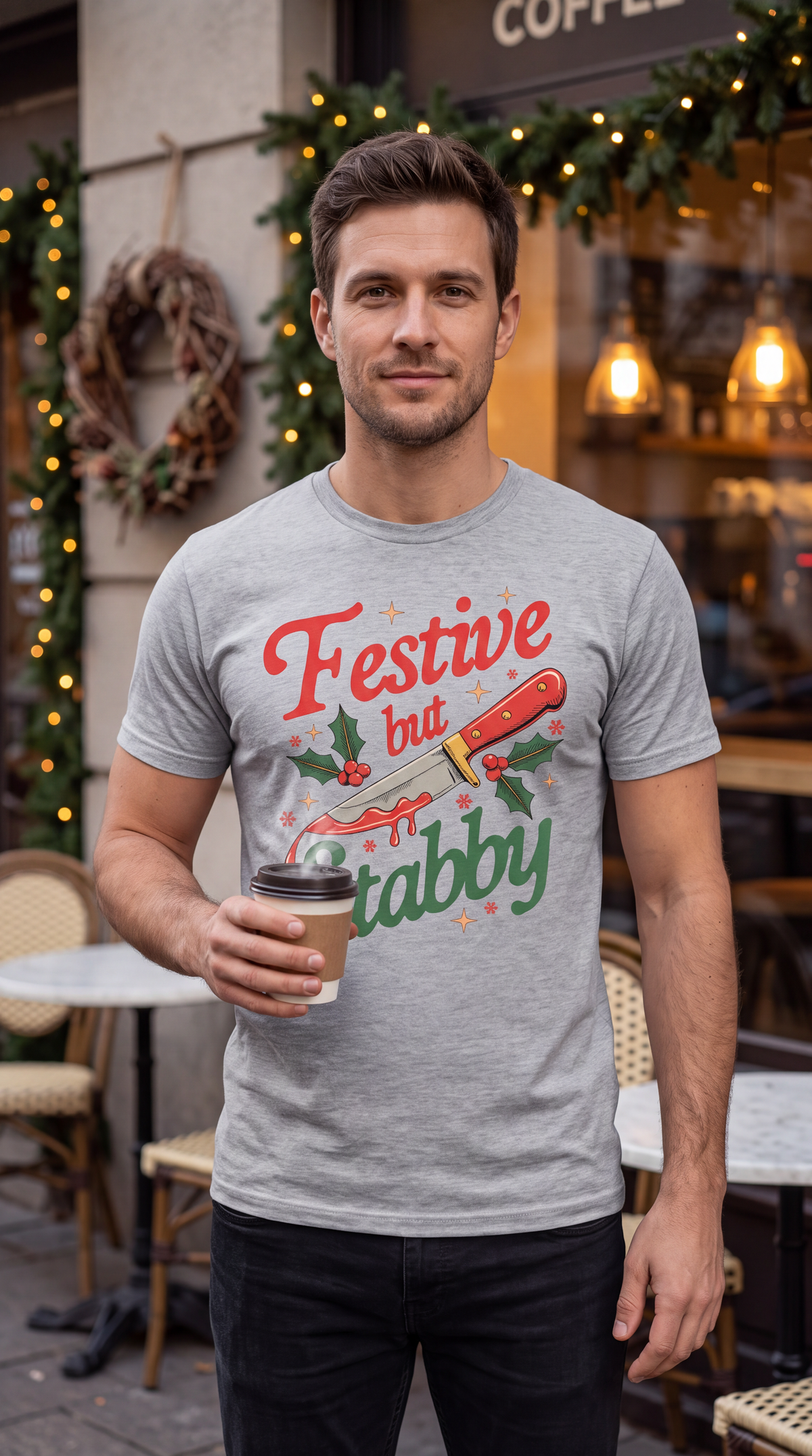 Man wearing heather gray Festive But Stabby Christmas shirt