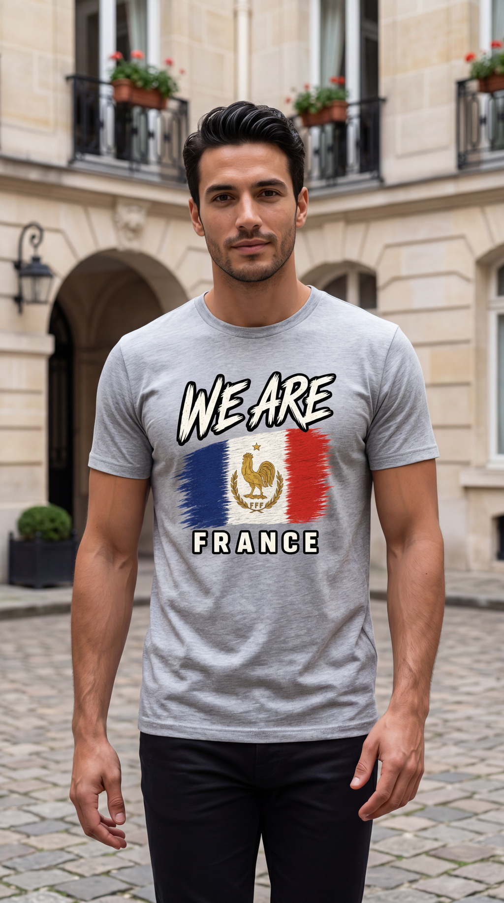 A man wearing a light gray t-shirt with a 'WE ARE FRANCE' graphic featuring the French flag and rooster, standing in front of a classic European stone building.