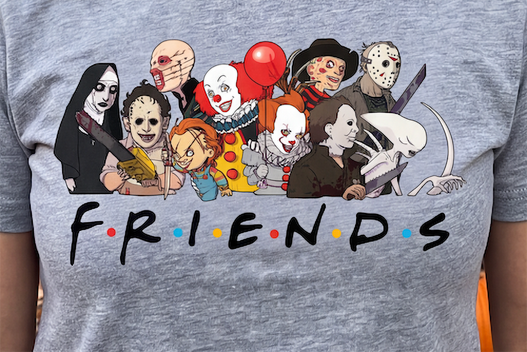 Close-up of gray Horror Friends Halloween shirt featuring classic horror icons