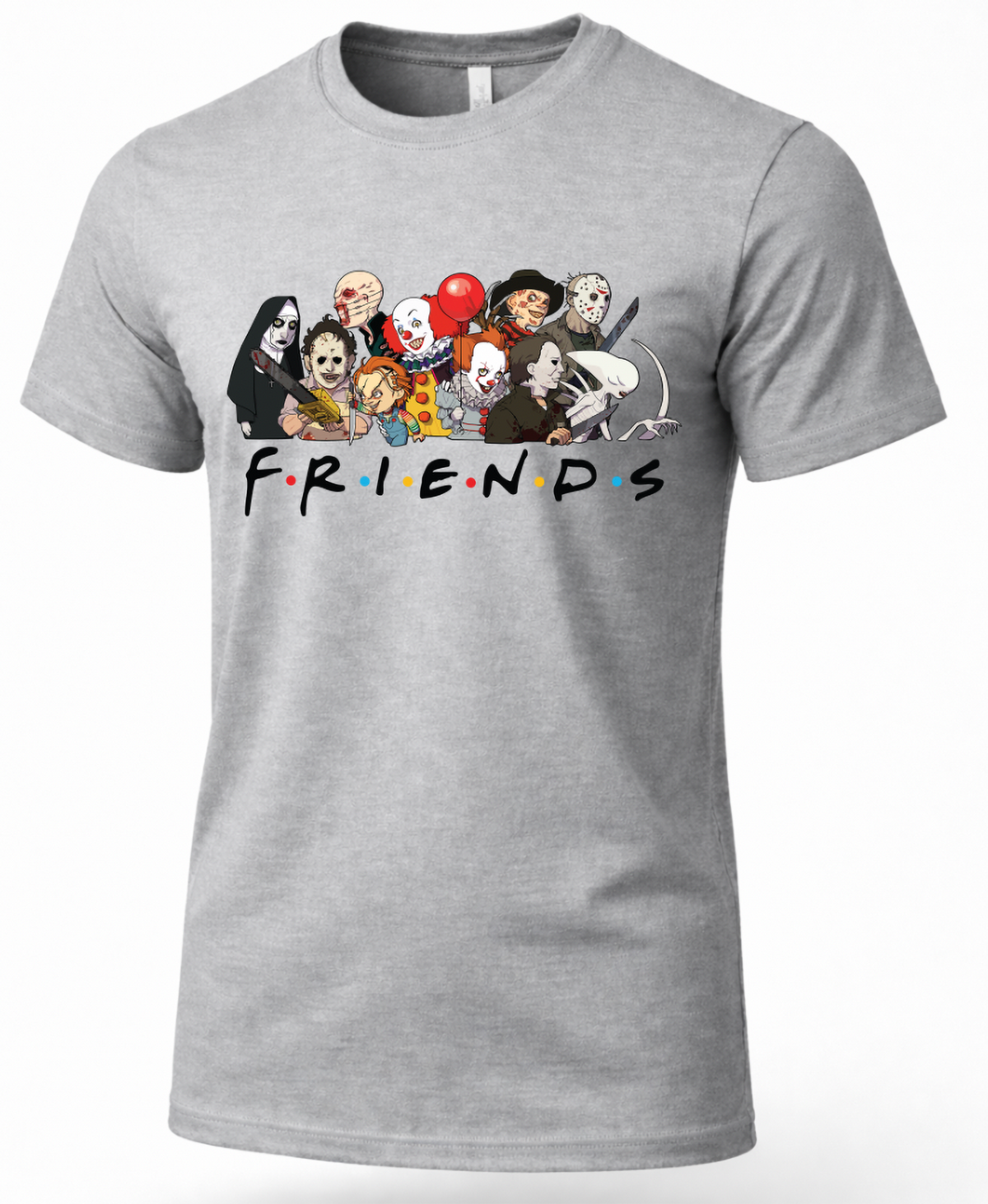 Heather gray Horror Friends shirt with colorful horror movie character graphic