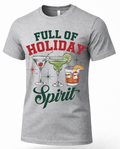 Heather gray Full of Holiday Spirit Christmas graphic tee featuring martini, margarita and whiskey cocktail design.