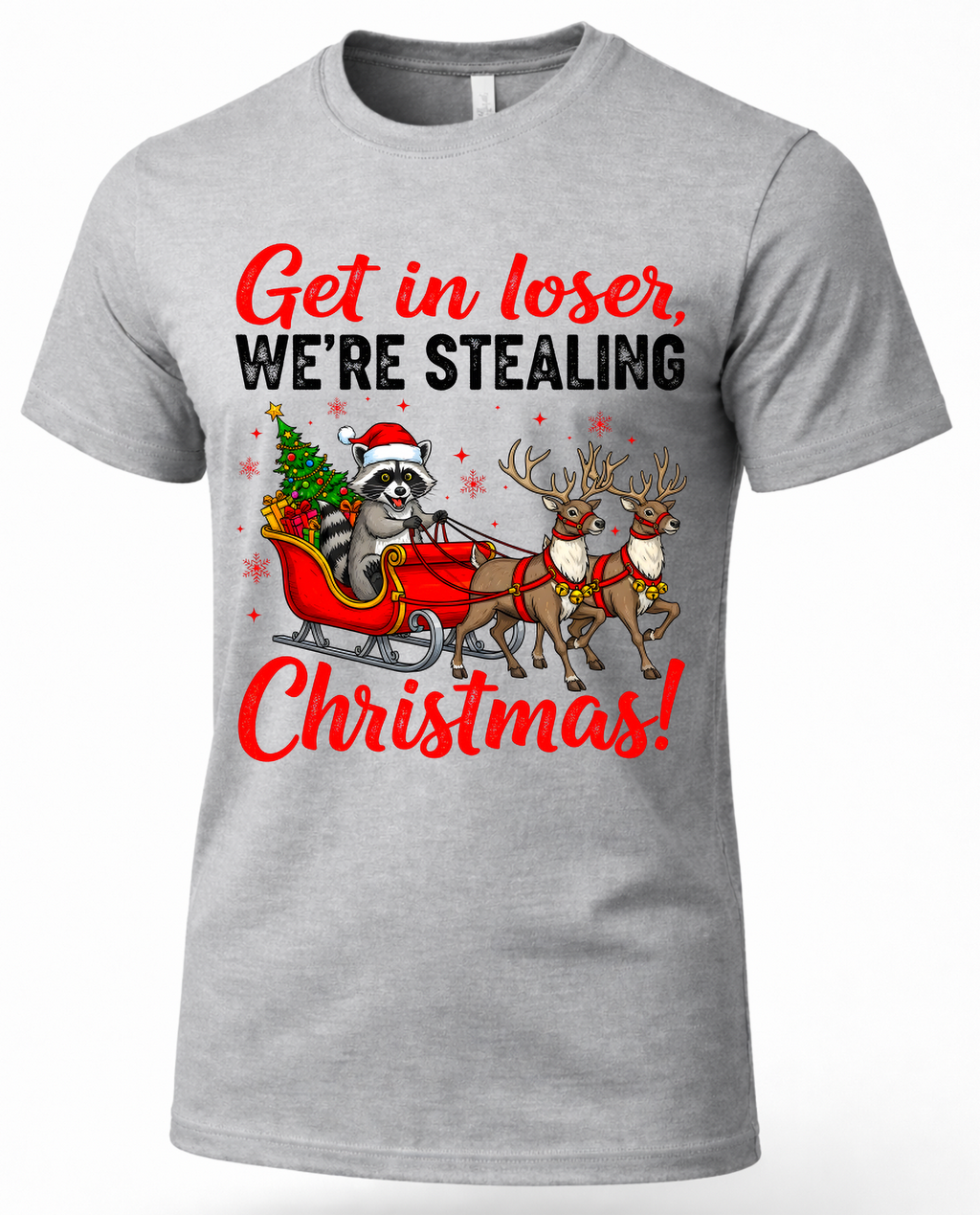 Heather gray Christmas graphic tee featuring the funny raccoon stealing Santa’s sleigh holiday design.