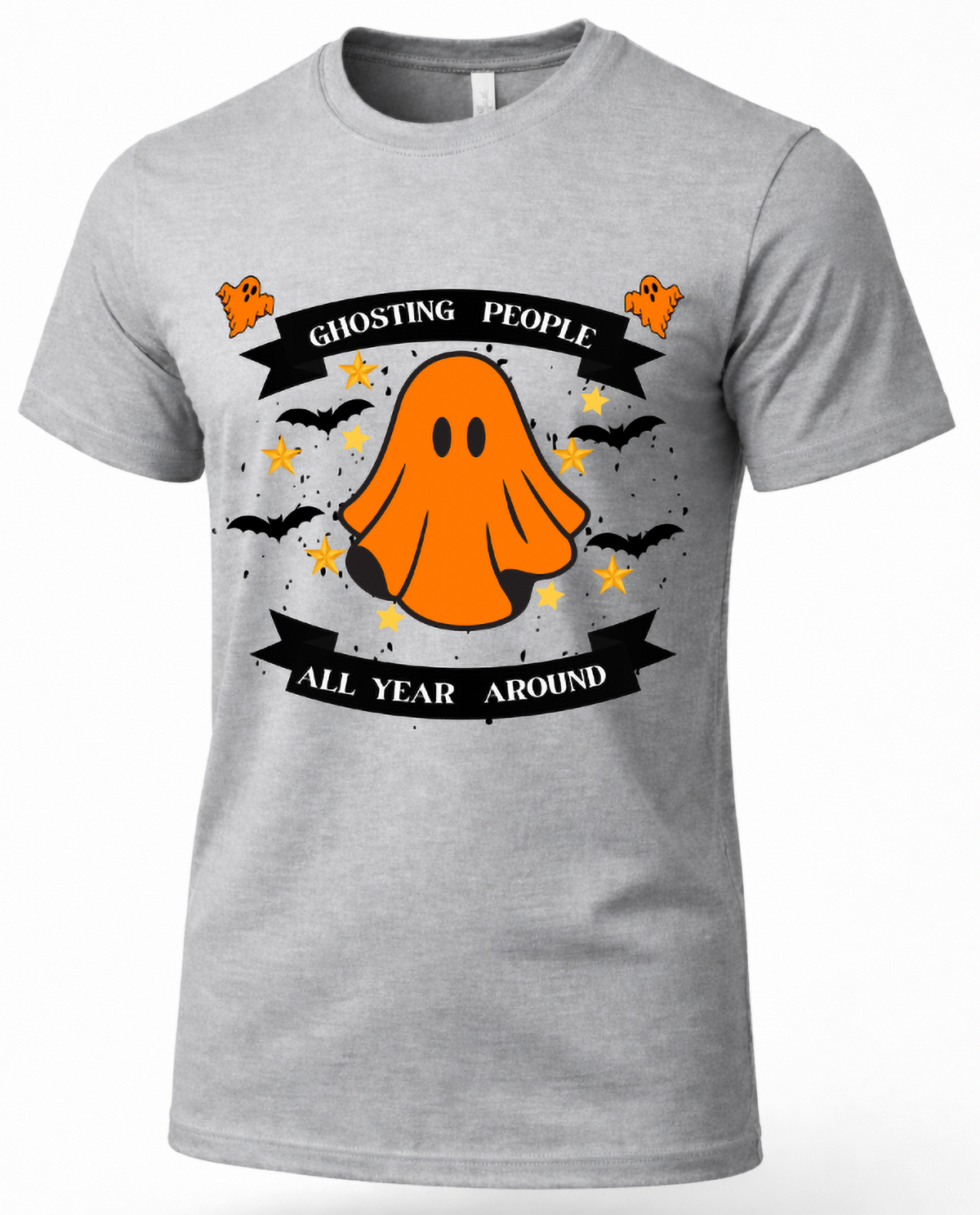 Heather gray Ghosting People All Year Round shirt with orange ghost graphic