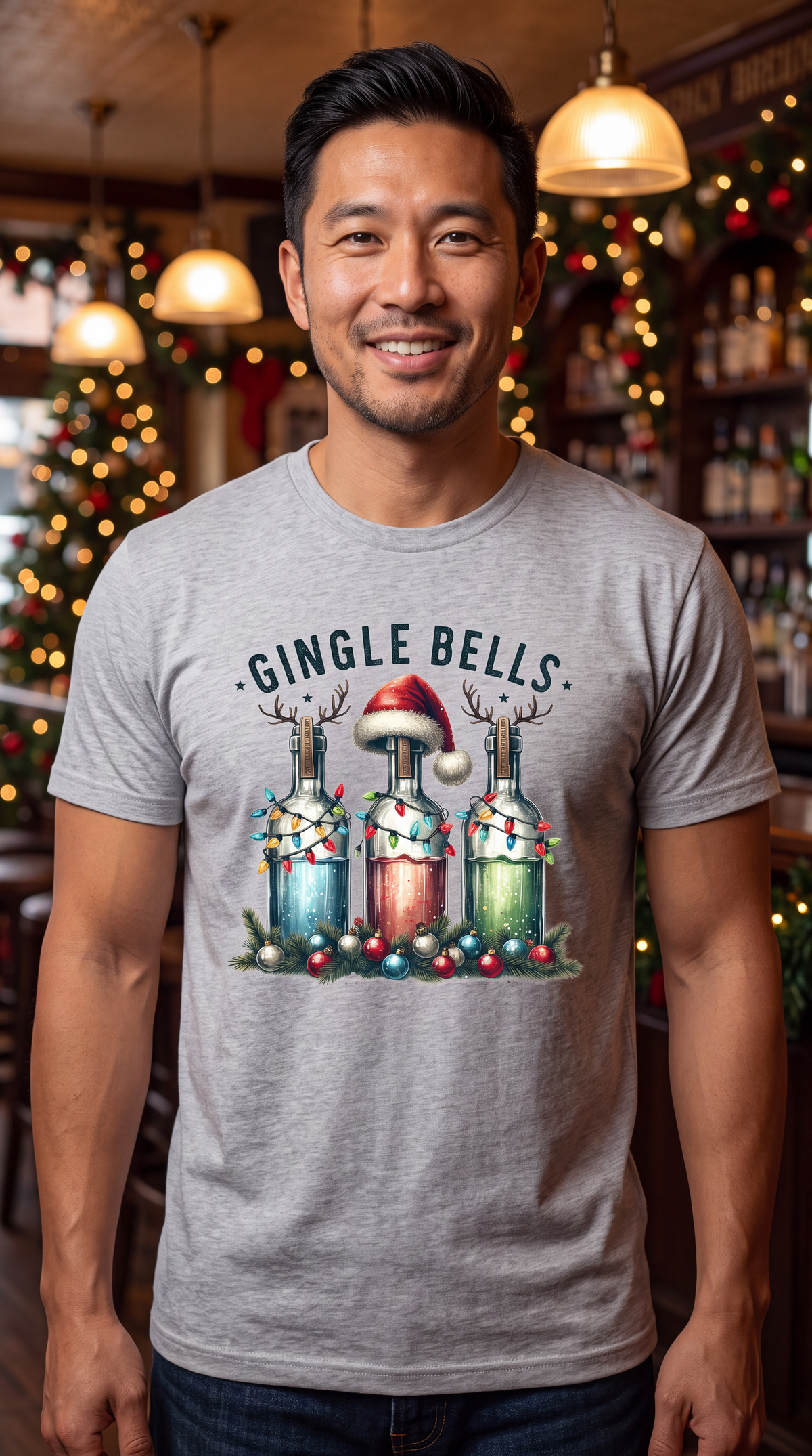 Man wearing heather gray Gingle Bells funny Christmas graphic shirt