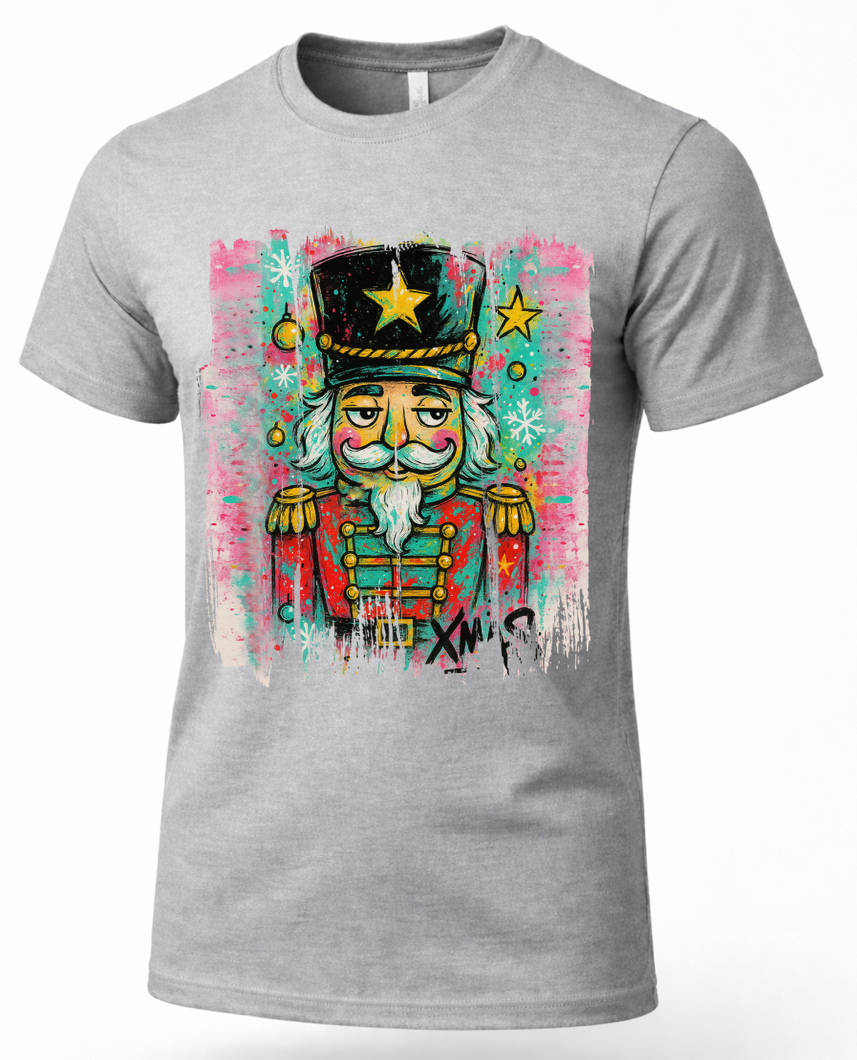 Heather gray Christmas tee featuring colorful graffiti nutcracker artwork