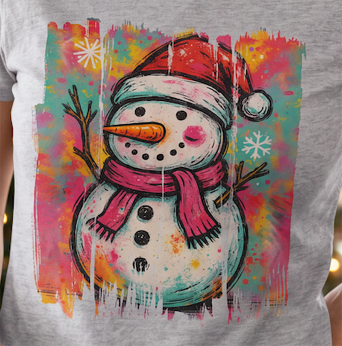 Close-up of colorful graffiti snowman Christmas design on heather gray shirt.