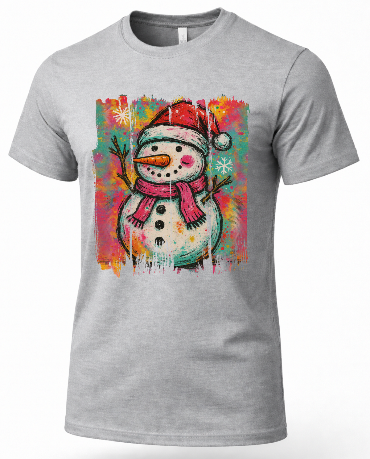 Heather gray Graffiti Snowman Christmas graphic T-shirt product mockup.