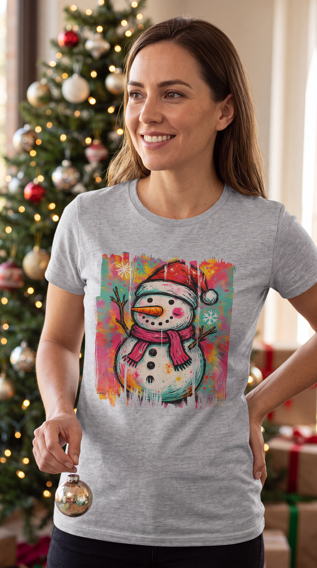 Woman wearing heather gray Graffiti Snowman Christmas graphic T-shirt.