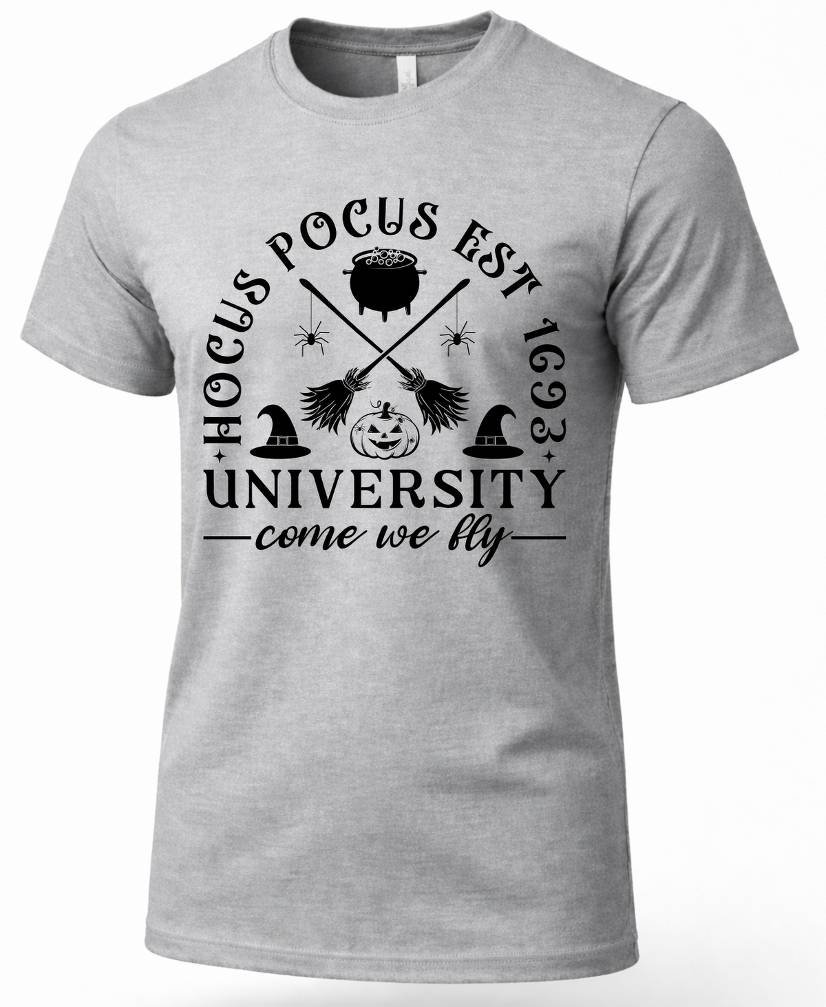 Heather gray Hocus Pocus University shirt with Come We Fly witch graphic