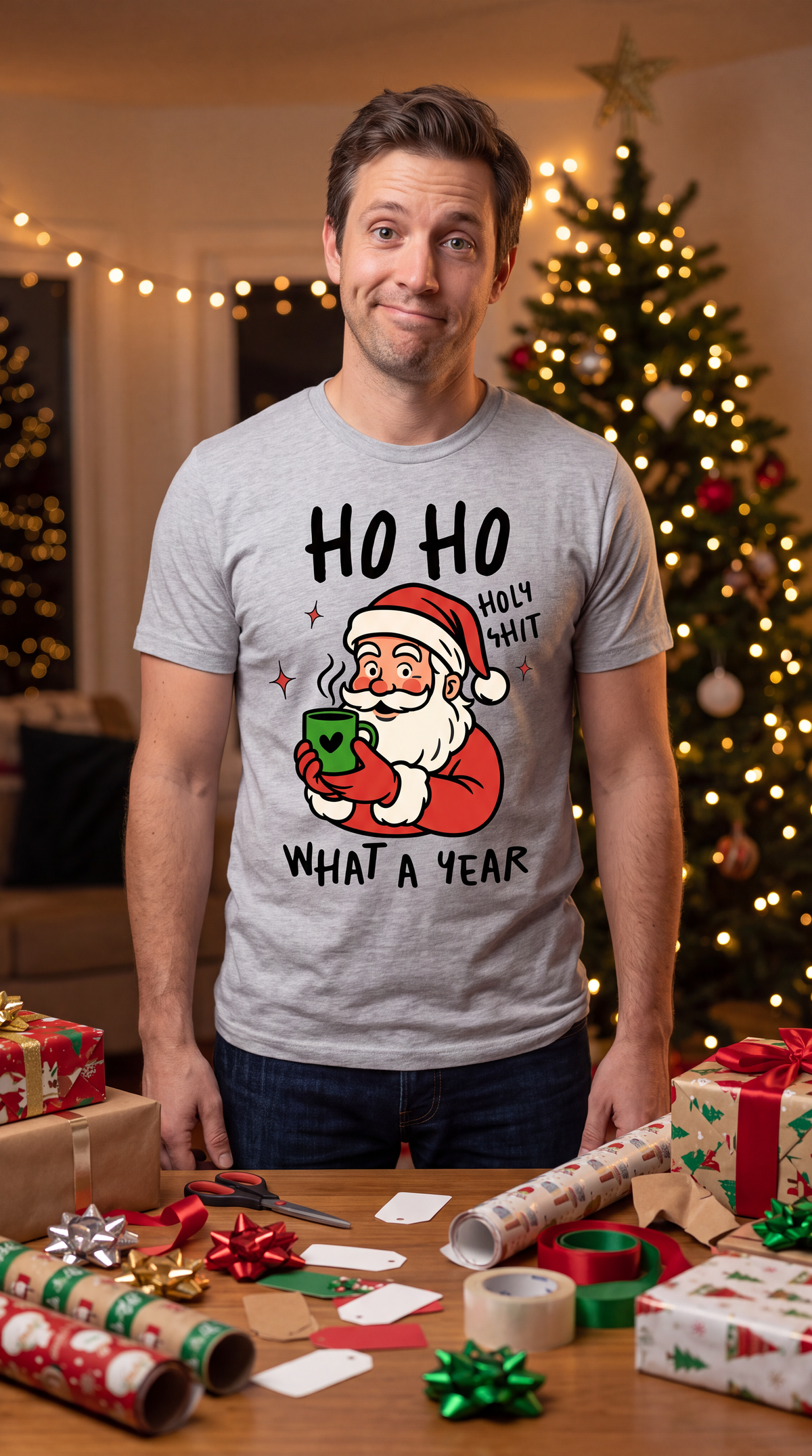 Woman wearing gray Ho Ho Holy Shit Christmas graphic T-shirt in a festive Christmas setting.