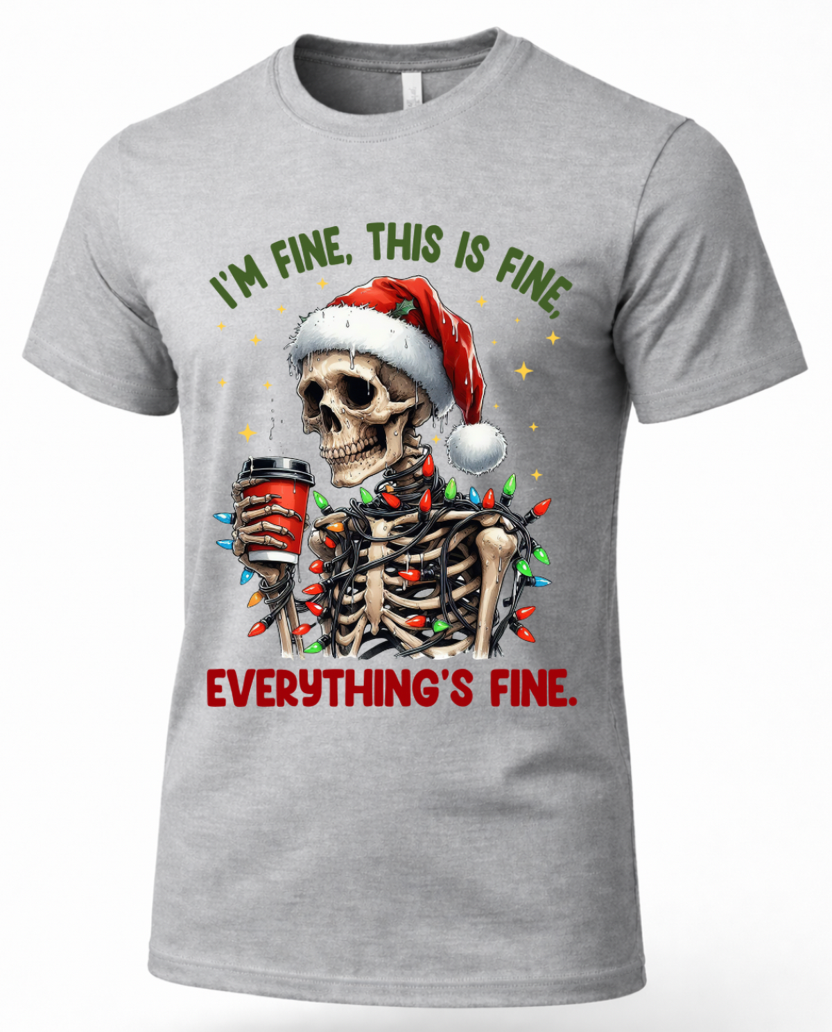 Heather gray Christmas graphic tee featuring skeleton wearing Santa hat with colorful Christmas lights.