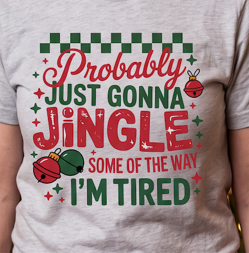 Close-up of Probably Just Gonna Jingle Some of the Way I’m Tired Christmas design on a heather gray shirt.