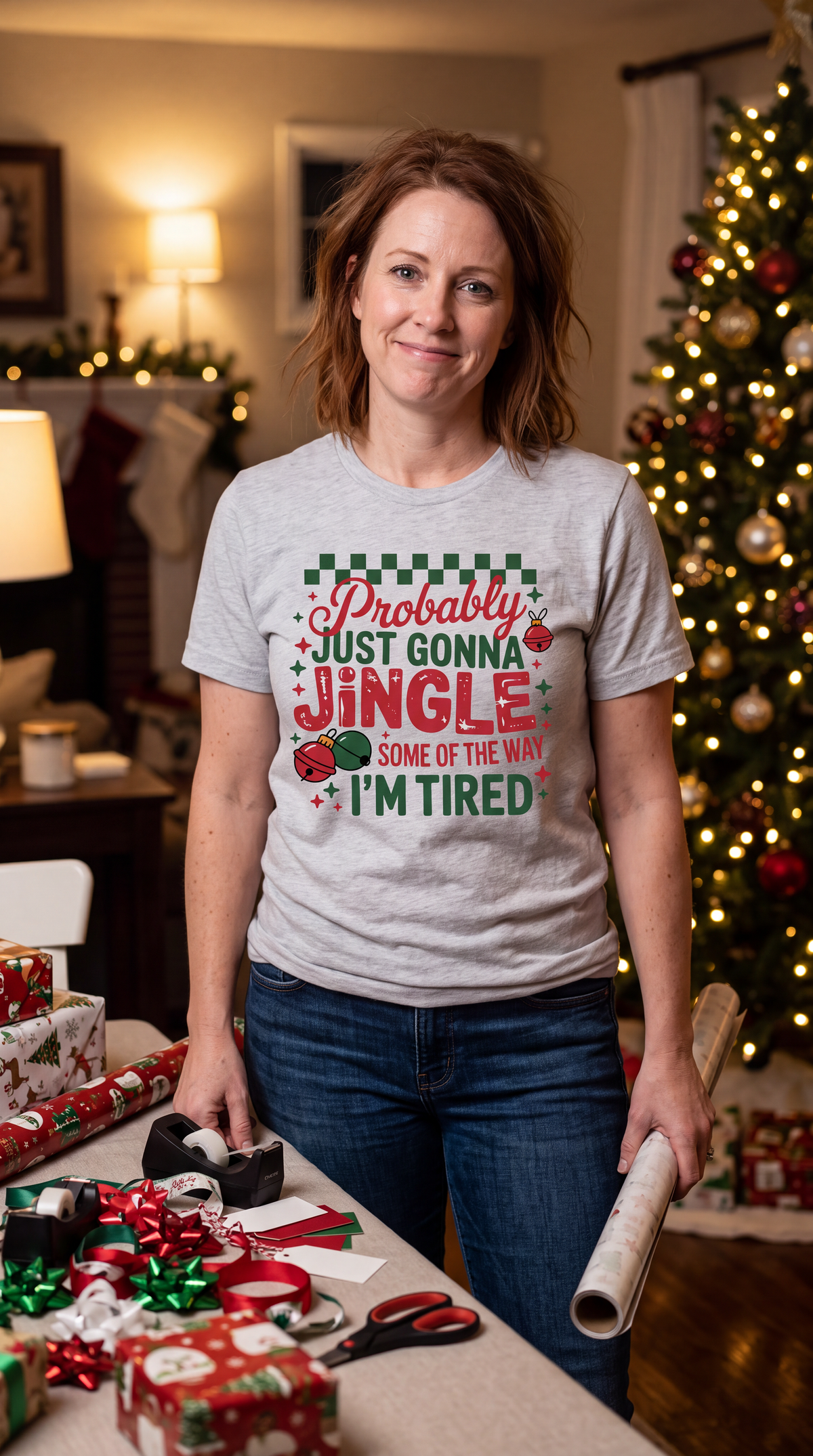 Woman wearing a heather gray Probably Just Gonna Jingle Some of the Way Christmas graphic tee in a Christmas setting.
