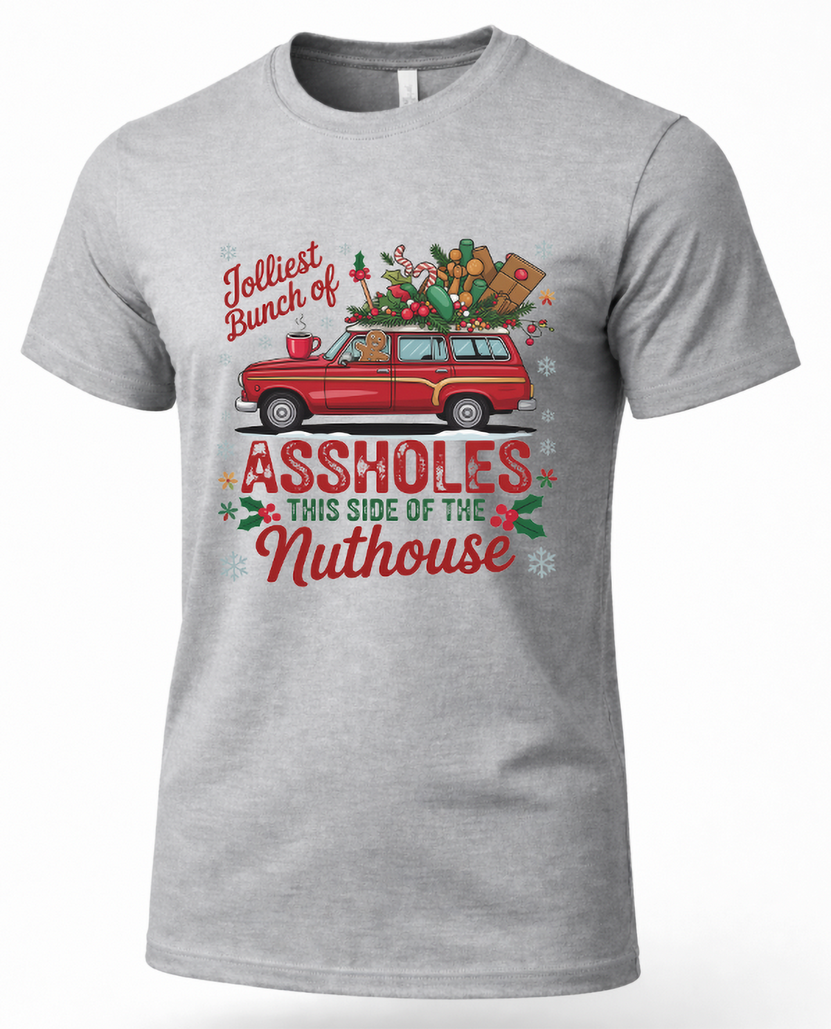 Heather gray Christmas shirt featuring festive station wagon and Jolliest Bunch of Assholes holiday design.